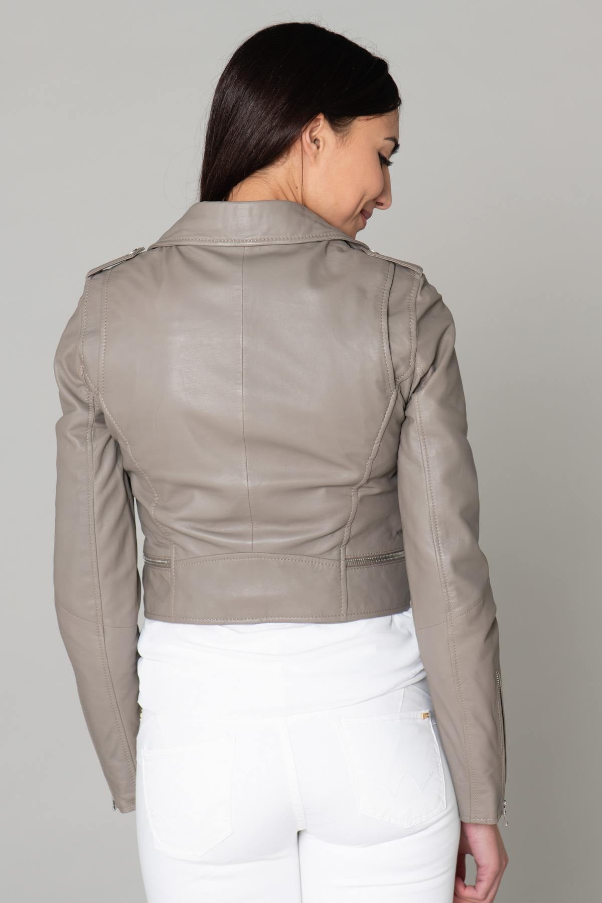 Short Biker Jacket in beige smooth leather - Image n°5