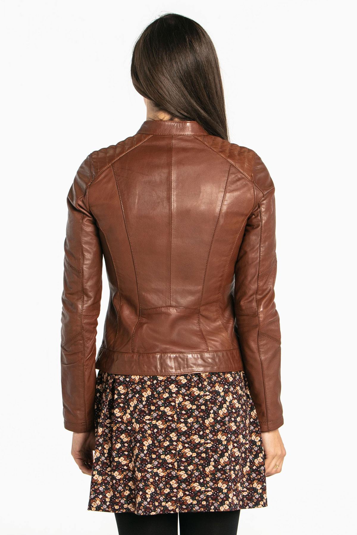 Women's cognac-colored leather jacket - Image n°2