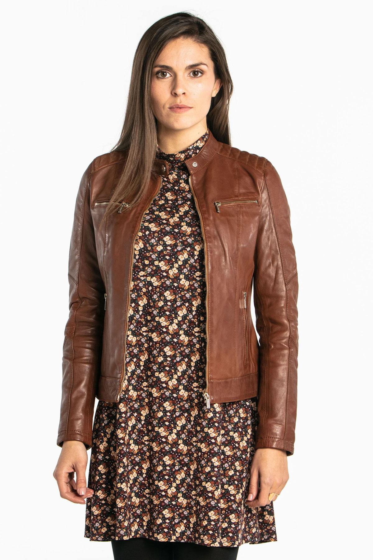 Women's cognac-colored leather jacket - Image n°3