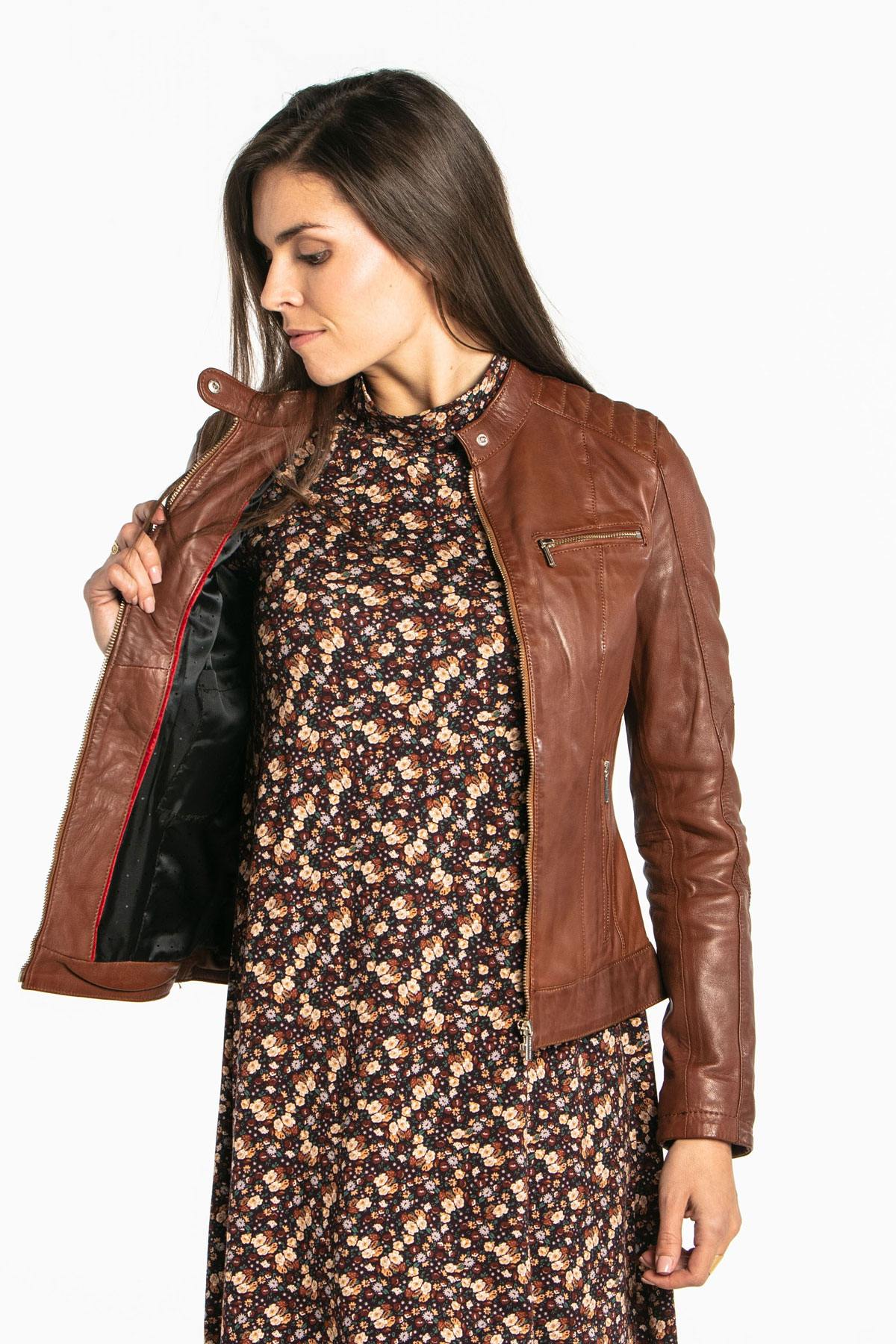 Women's cognac-colored leather jacket - Image n°4