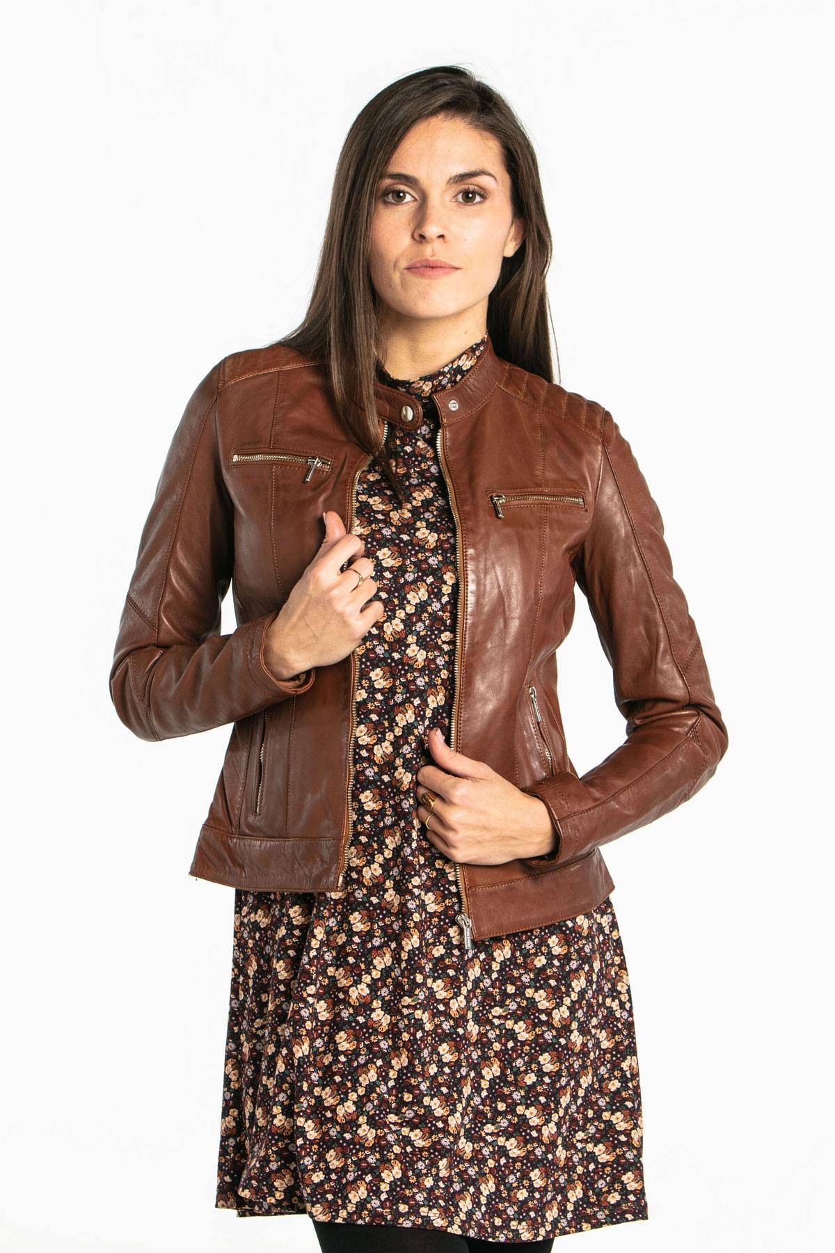 Women's cognac-colored leather jacket - Image n°1