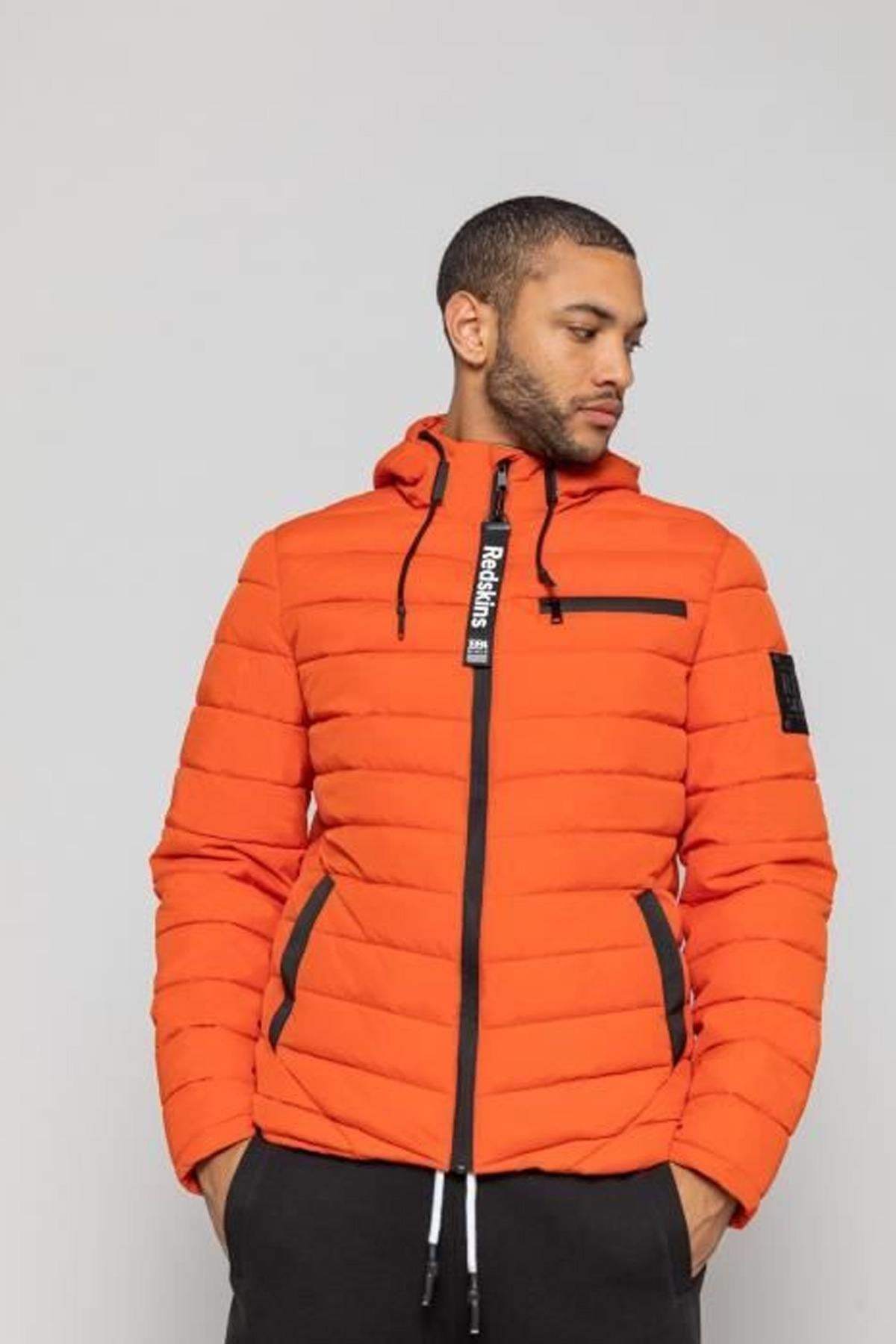 Orange textile down jacket for men - Image n°1