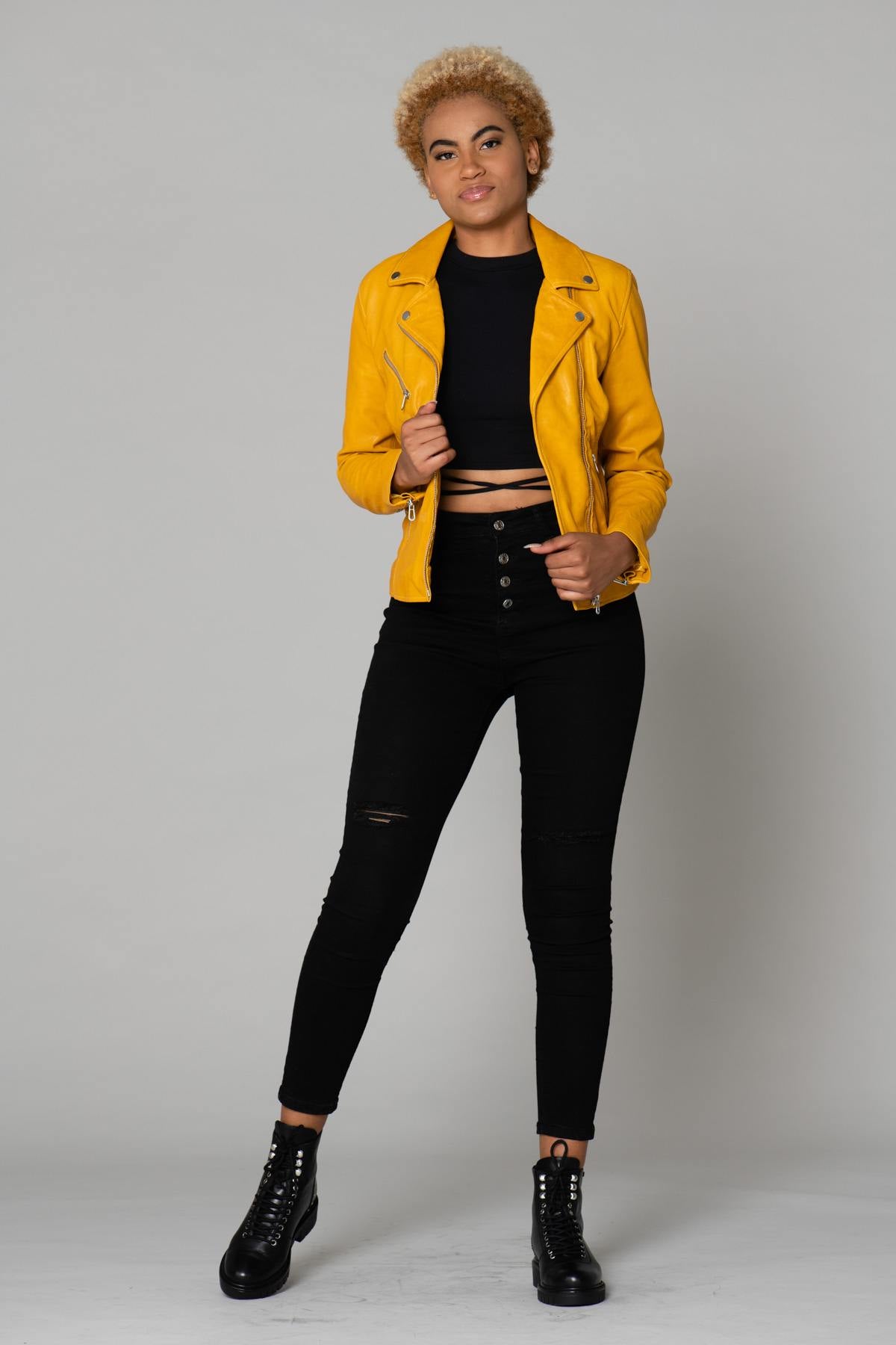 Yellow lambskin Biker Jacket - Image n°3