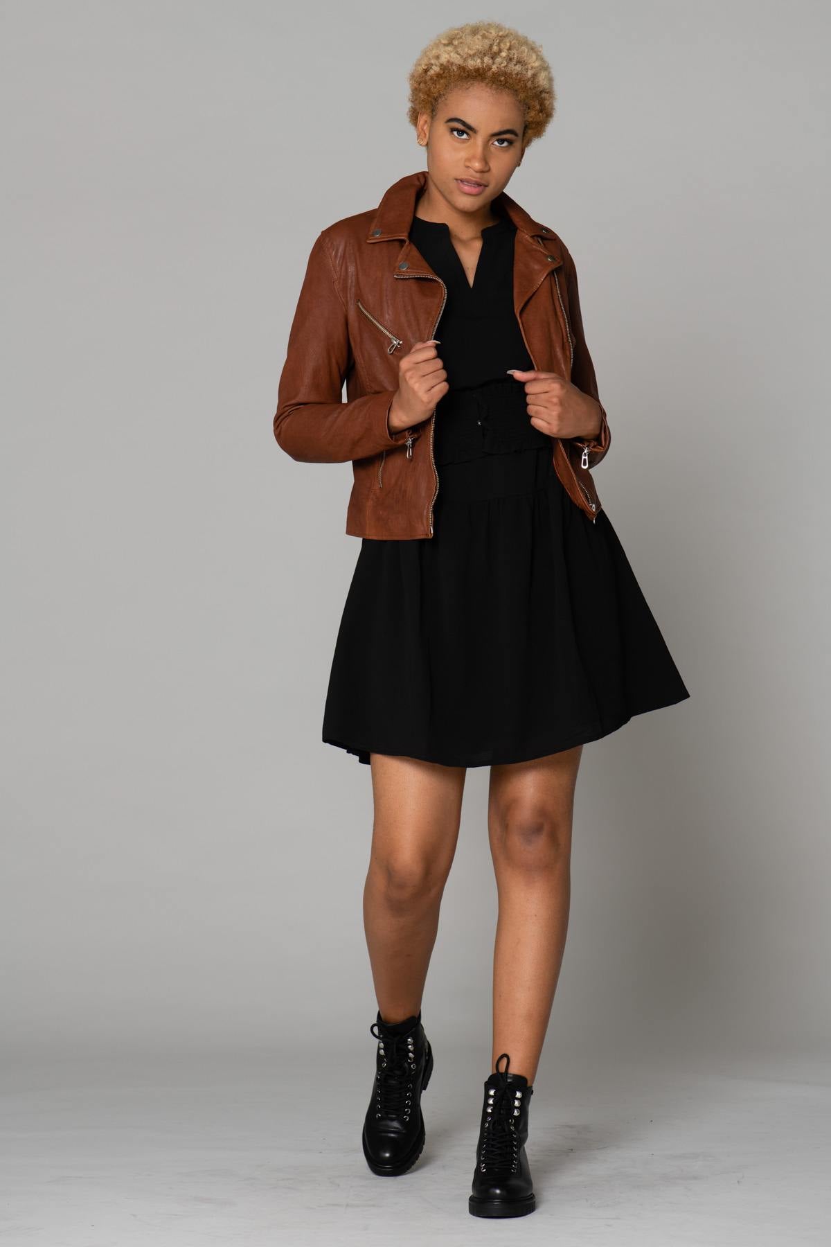 Women's cognac-colored Biker Jacket - Image n°3