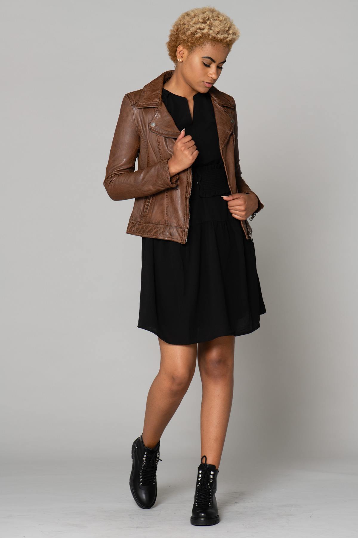 Tan sheepskin leather Biker Jacket - Image n°3