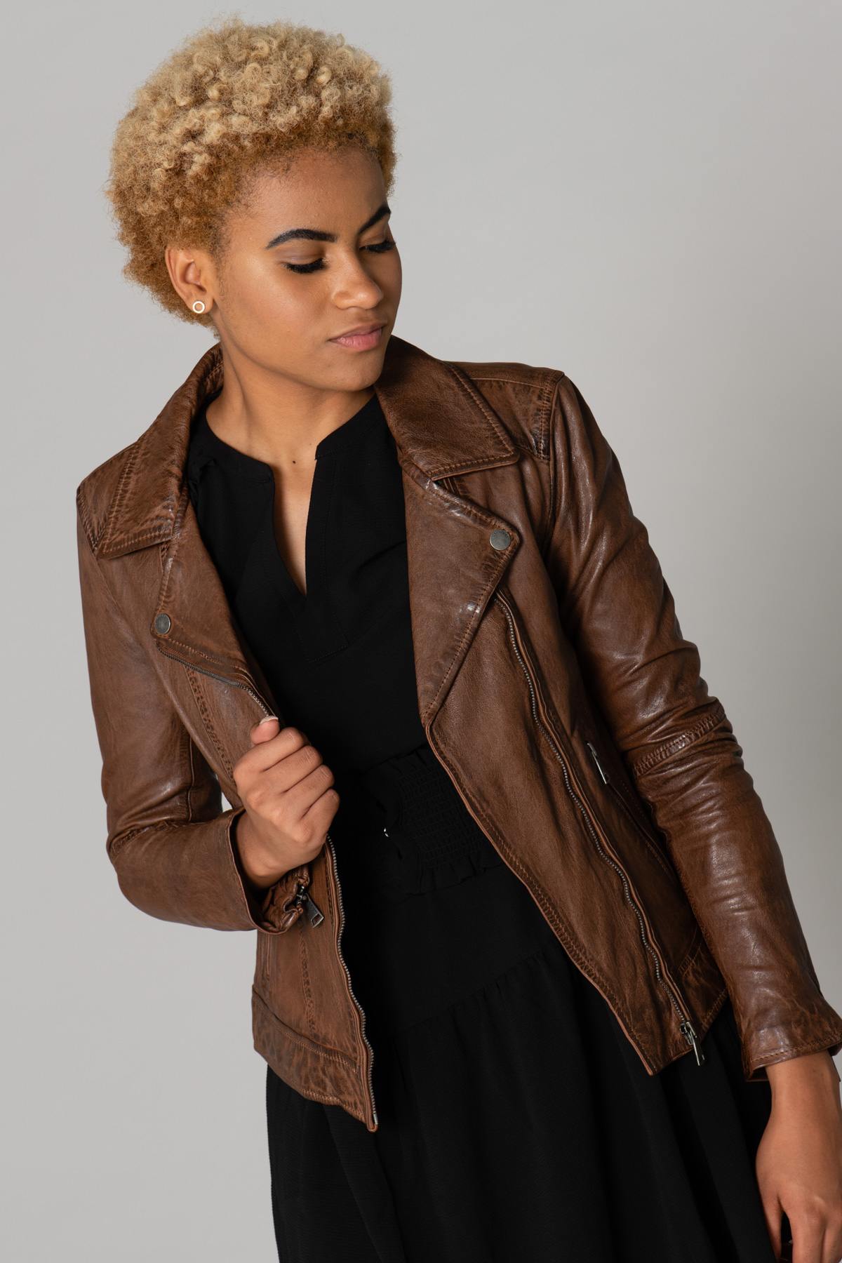 Tan sheepskin leather Biker Jacket - Image n°1