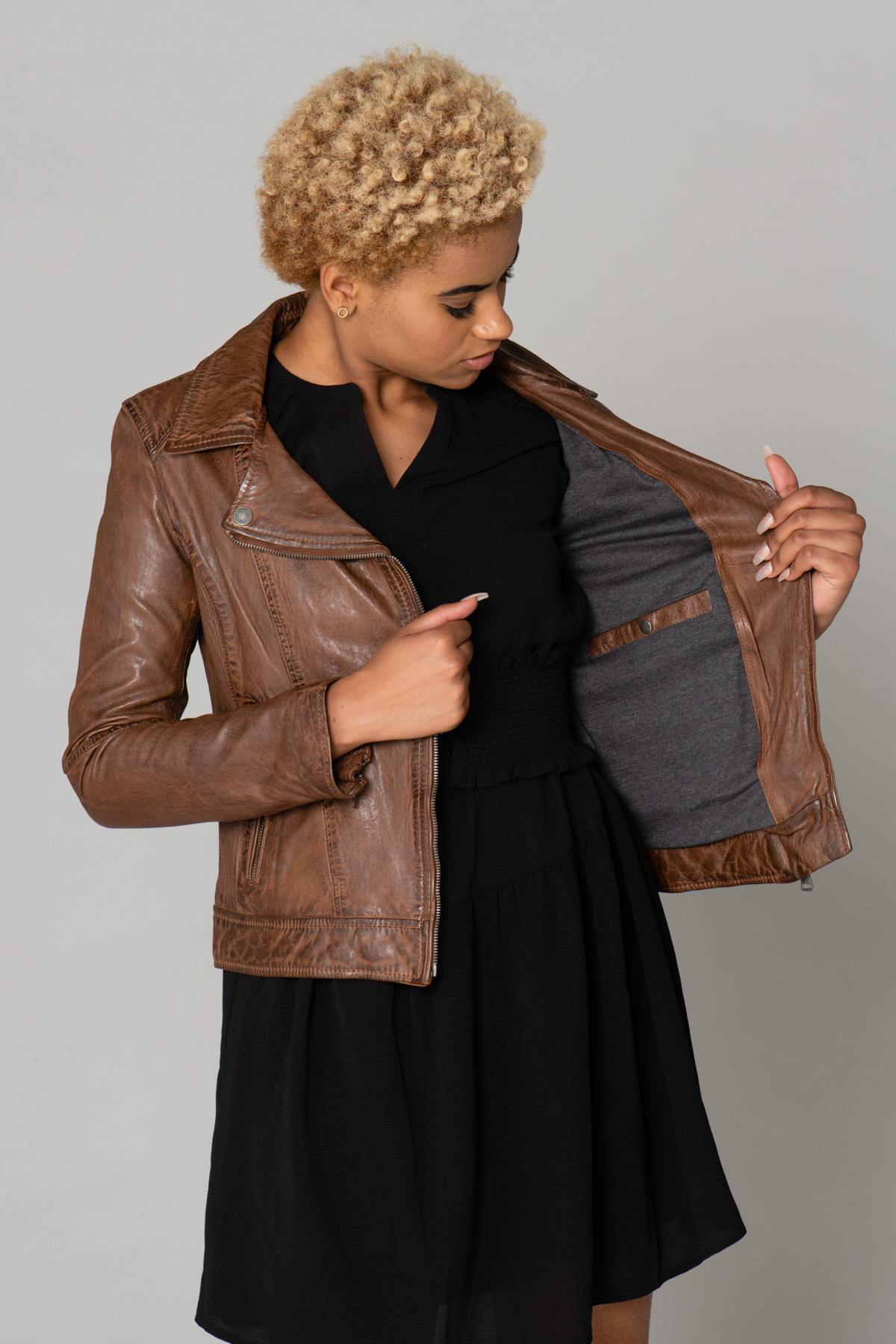 Tan sheepskin leather Biker Jacket - Image n°5