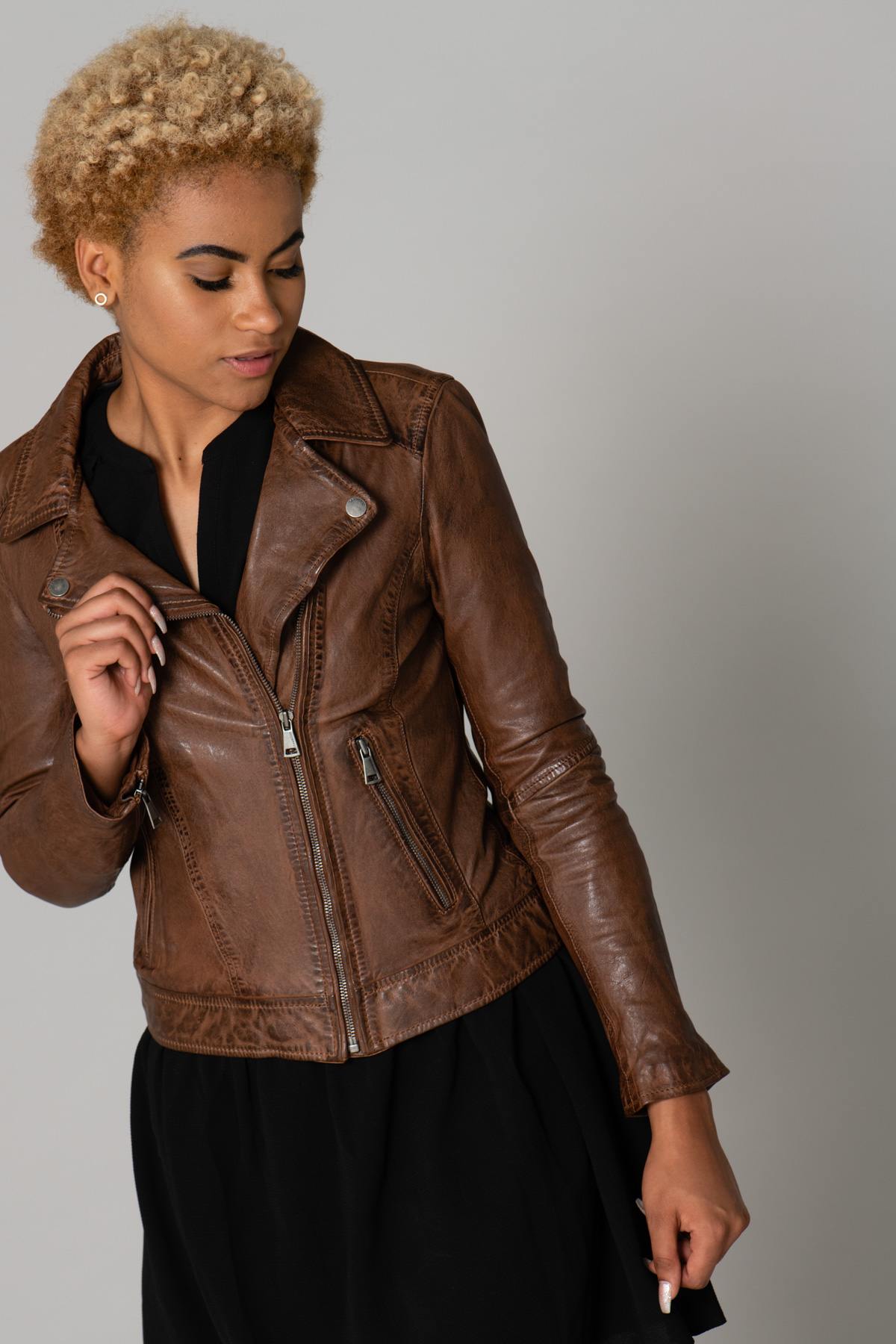 Tan sheepskin leather Biker Jacket - Image n°7