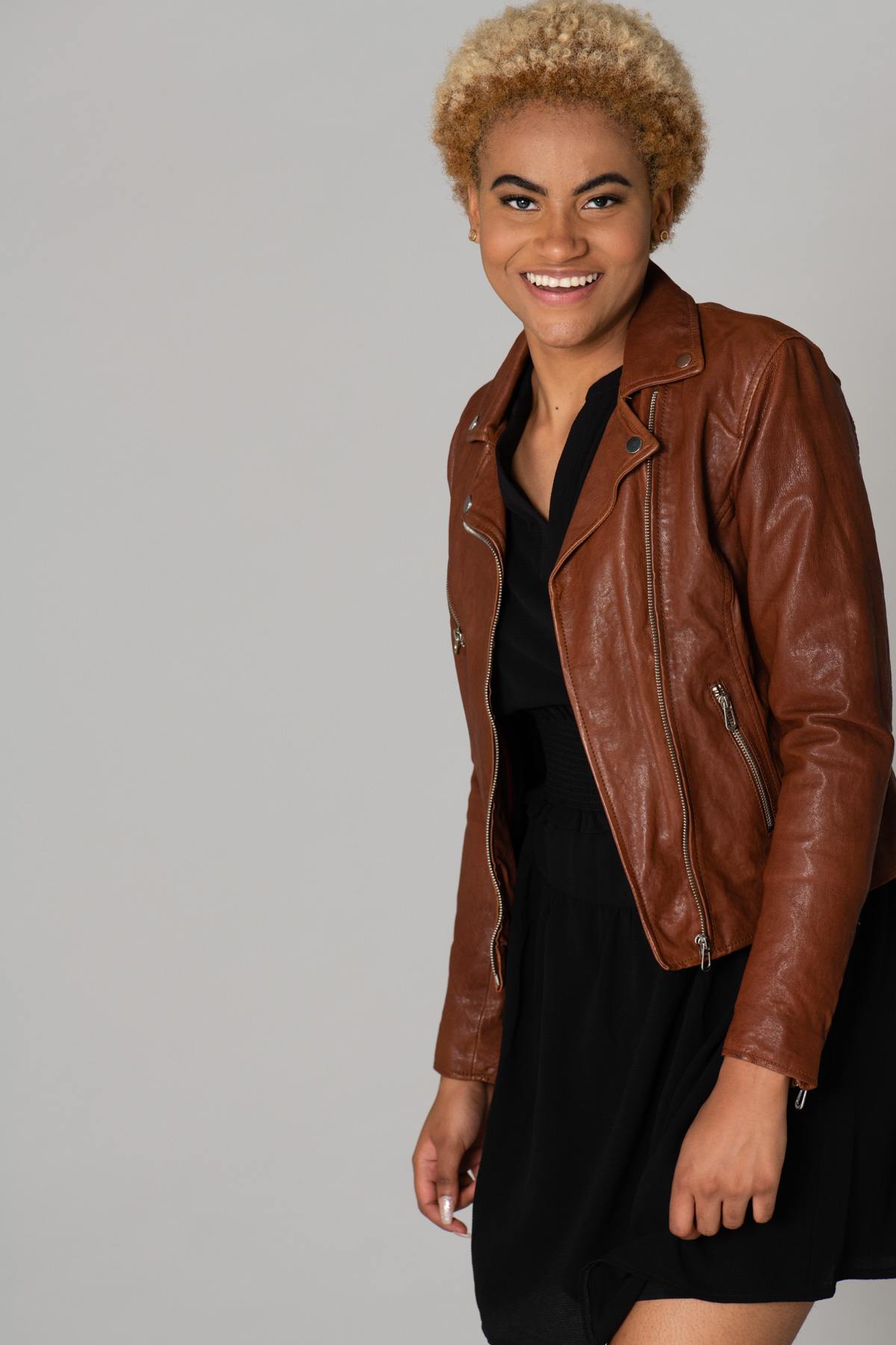 Women's cognac-colored Biker Jacket - Image n°6