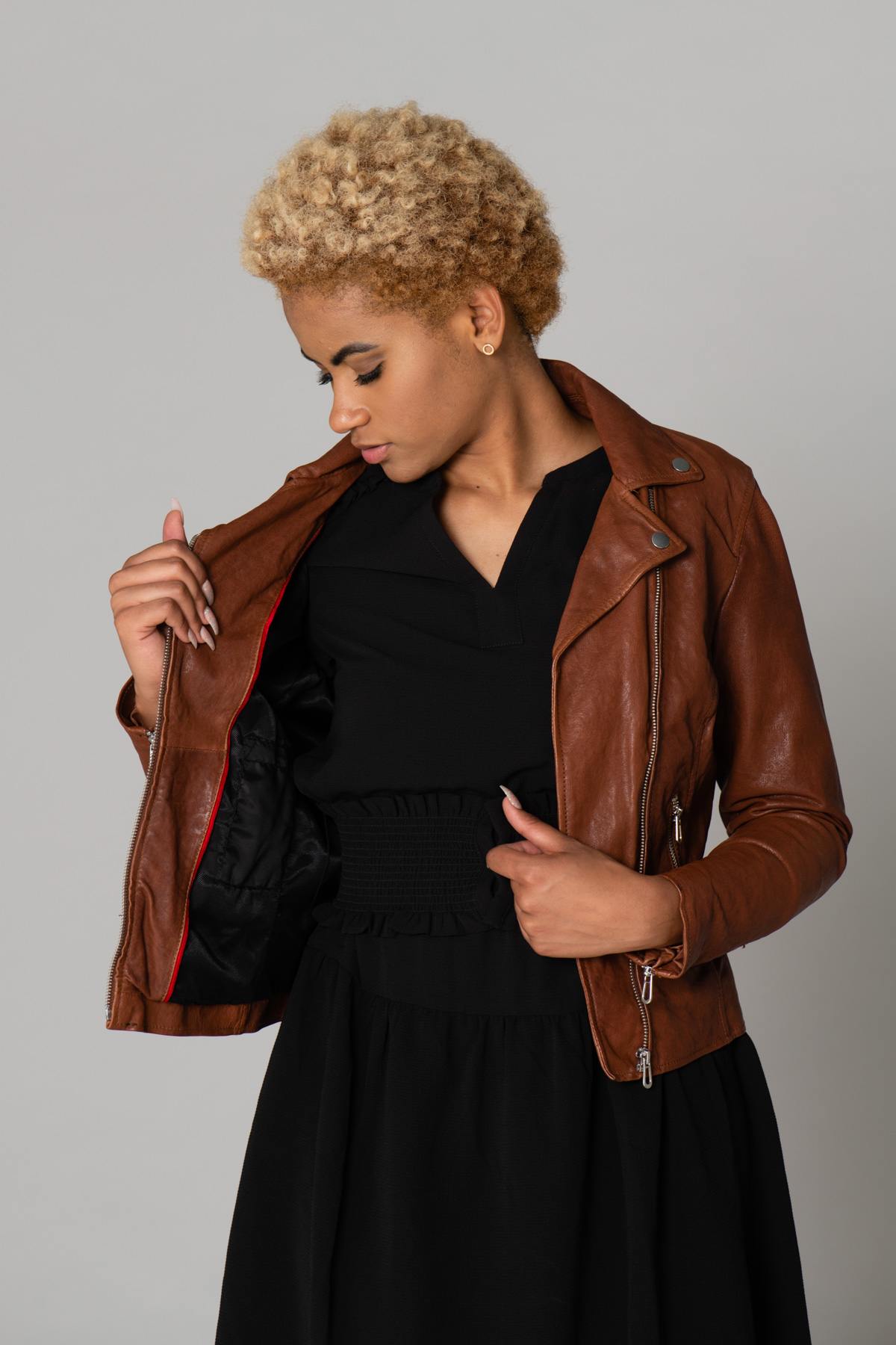 Women's cognac-colored perfecto - Image n°7