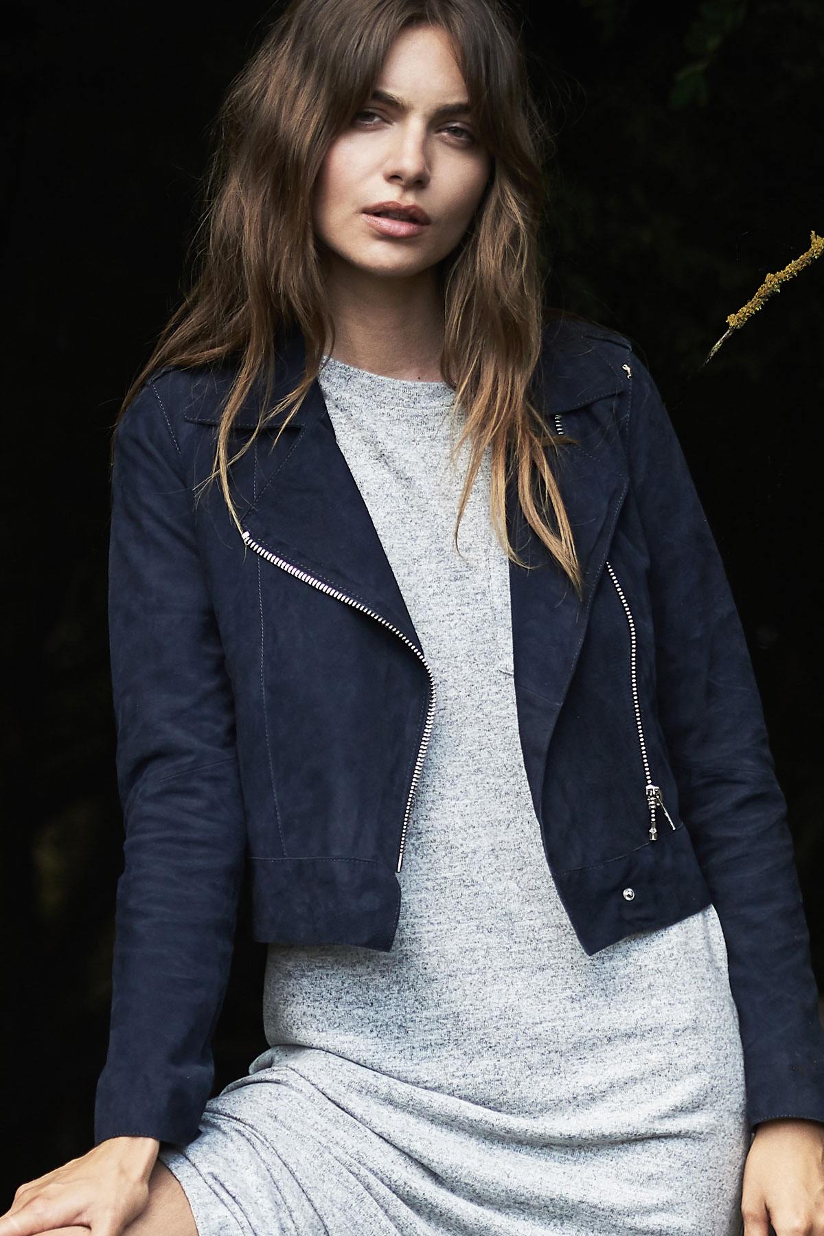 Navy blue suede leather Biker Jacket - Image n°1