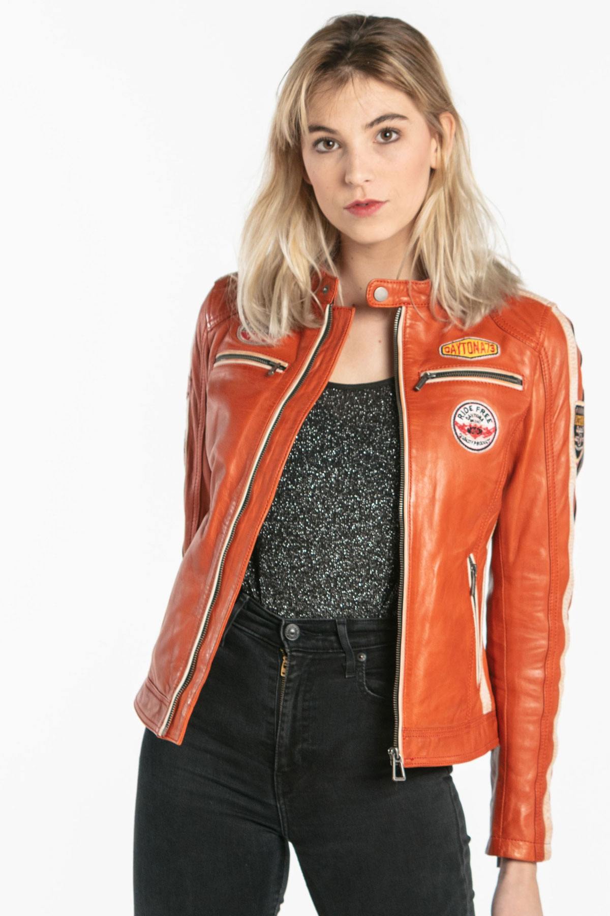 Women's orange rider jacket - Image n°1