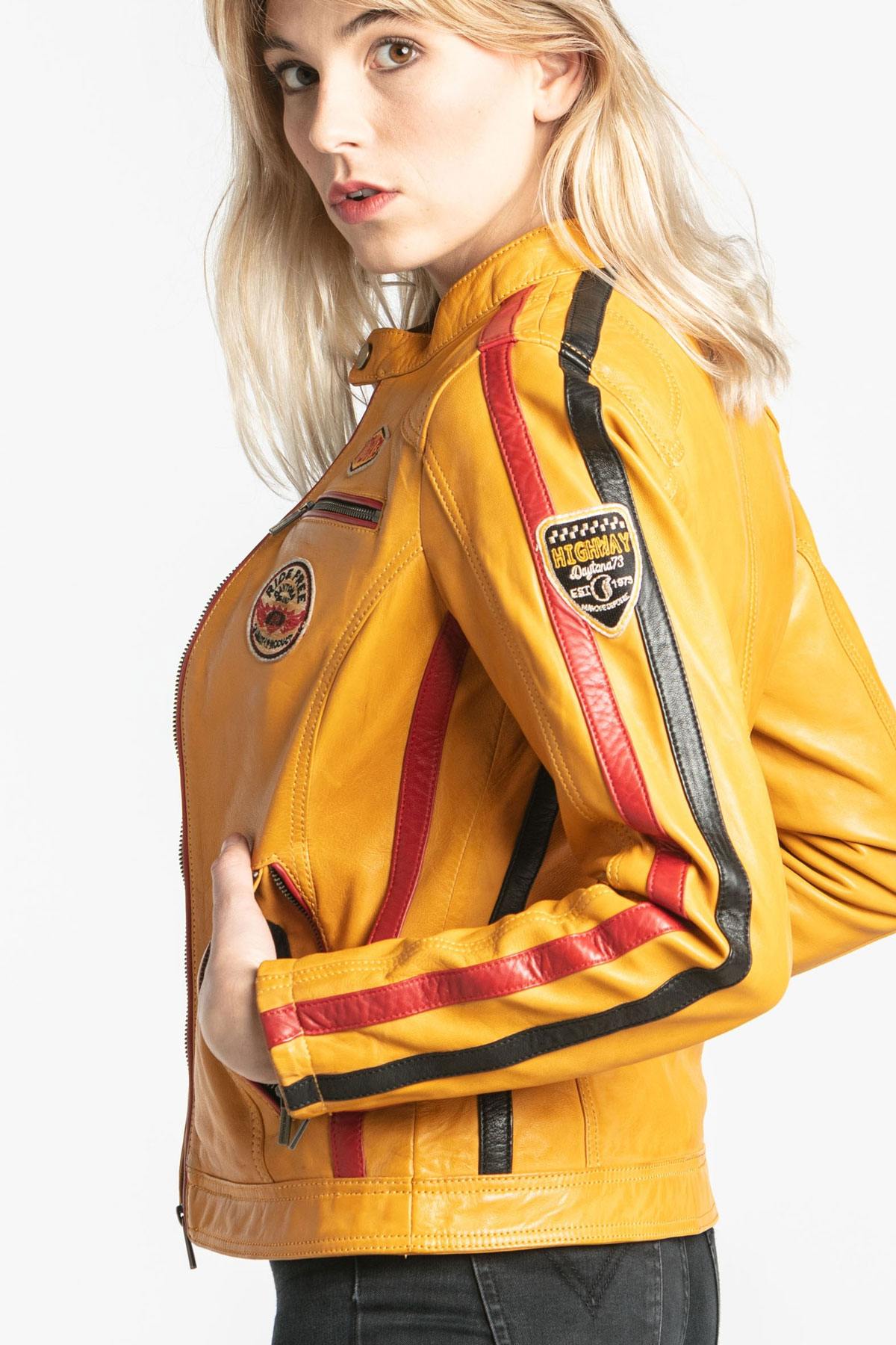 Yellow leather biker jacket - Image n°1