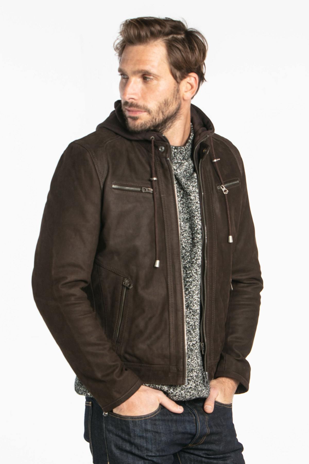 Cowhide leather jacket with hood - Image n°3