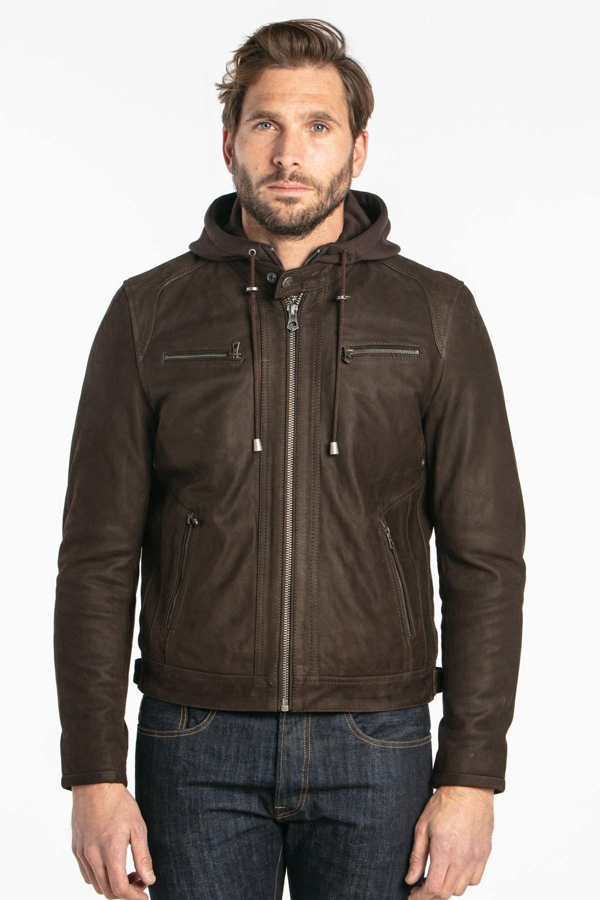 Cowhide leather jacket with hood - Image n°4