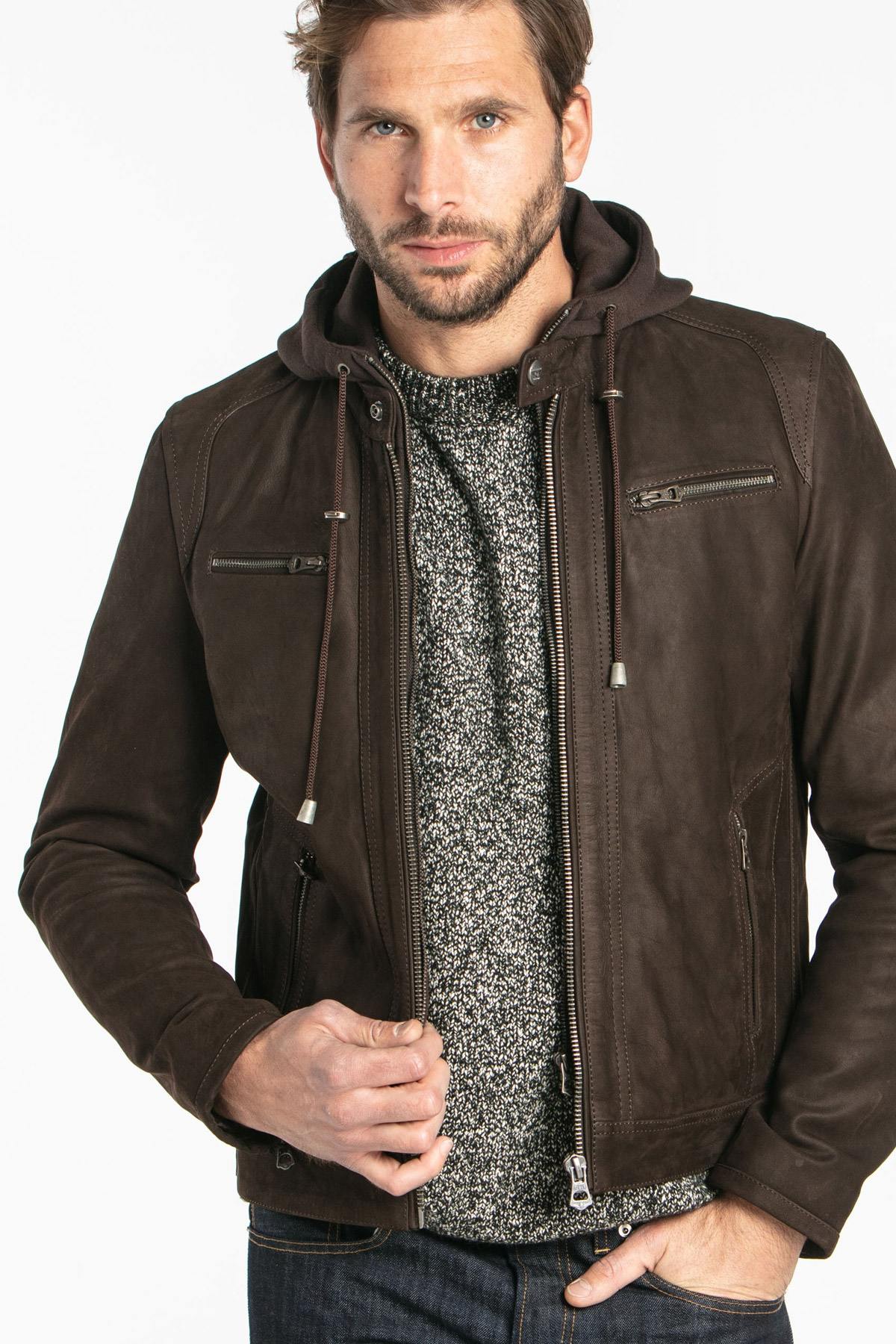 Cowhide leather jacket with hood - Image n°1