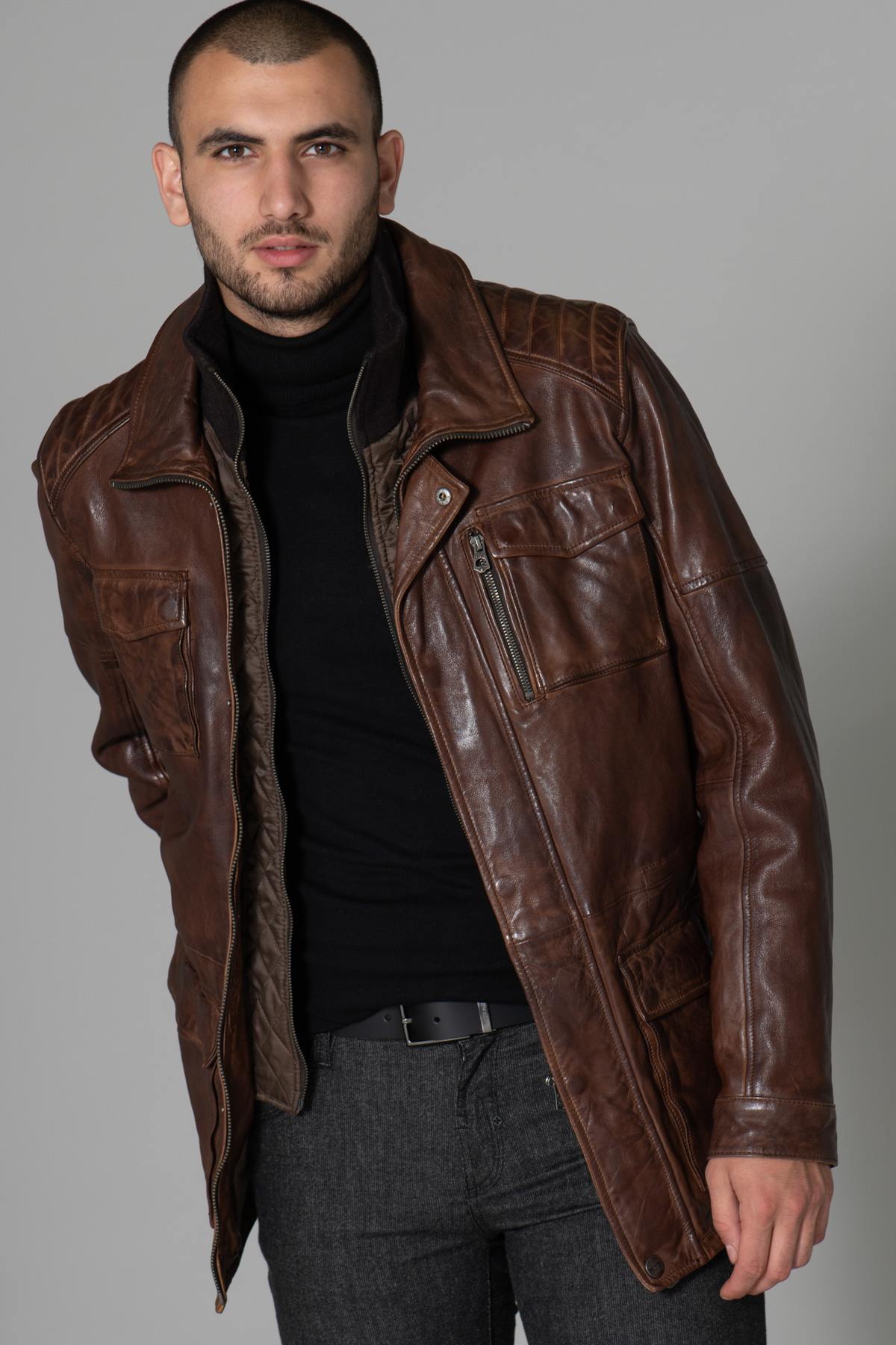 Leather coat with removable facing - Image n°4