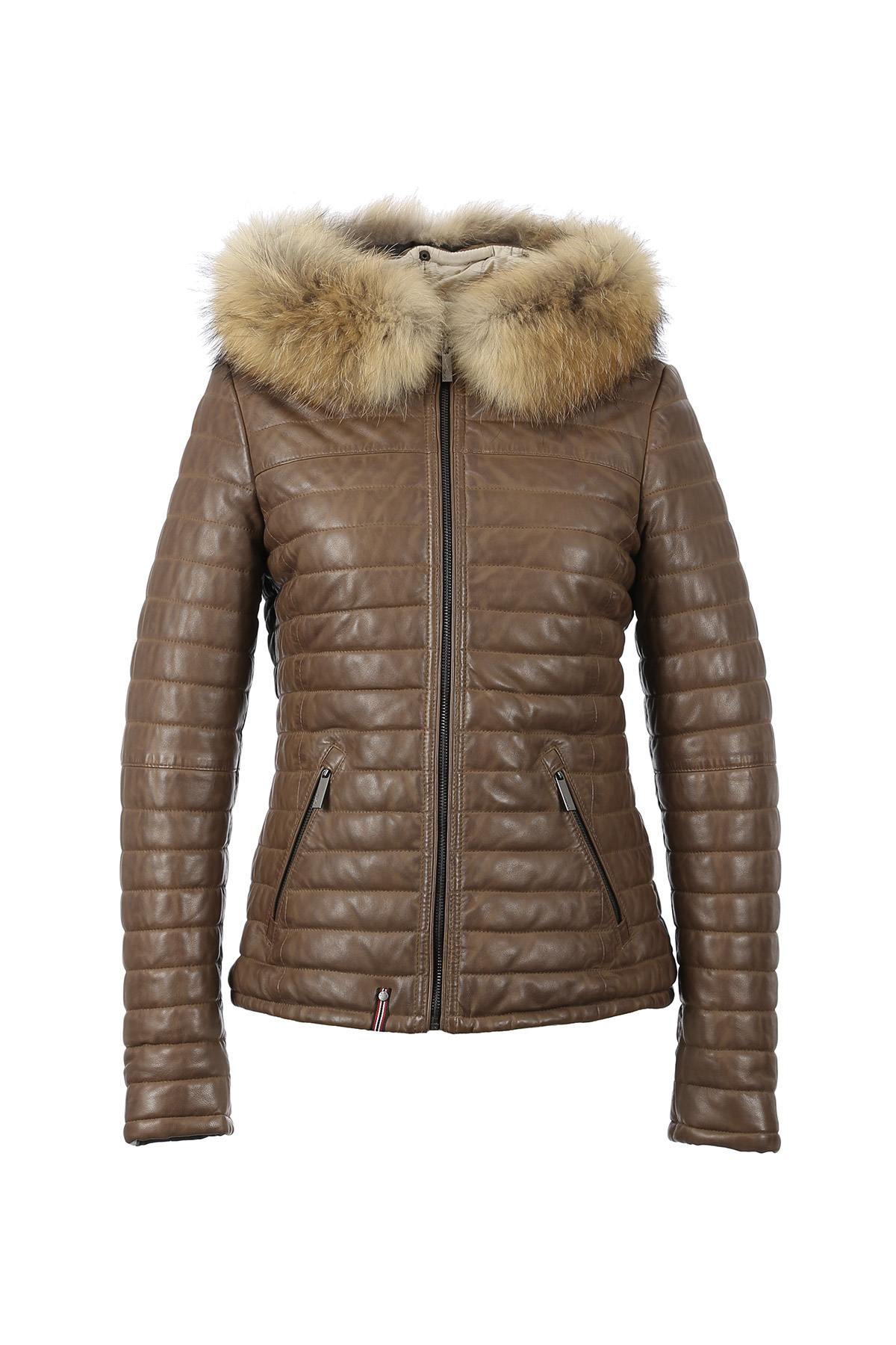 Light brown down jacket in leather and fur collar - Image n°10