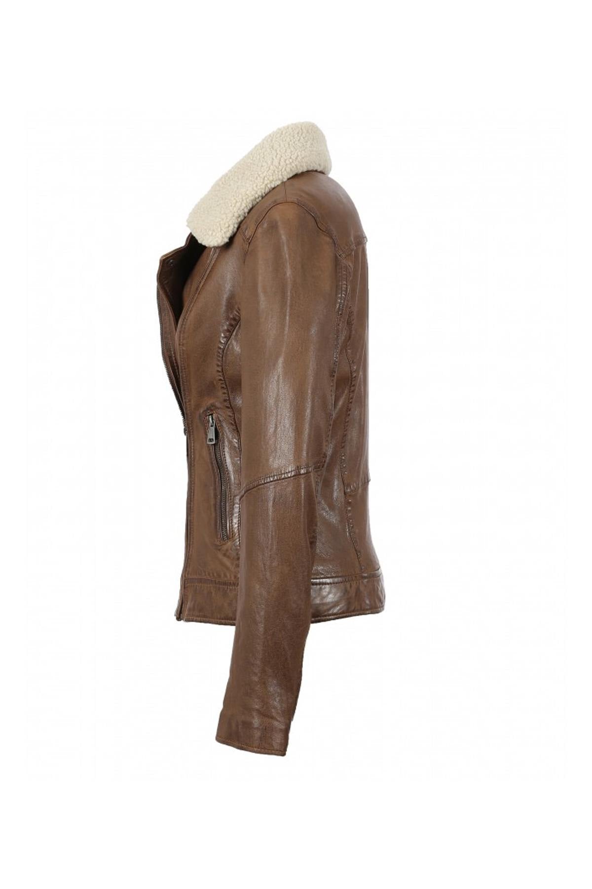 Tan women's perfecto Removable fur collar - Image n°3