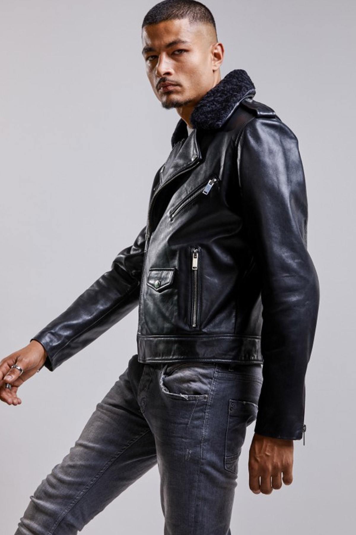 Black Biker Jacket with fur collar - Image n°4