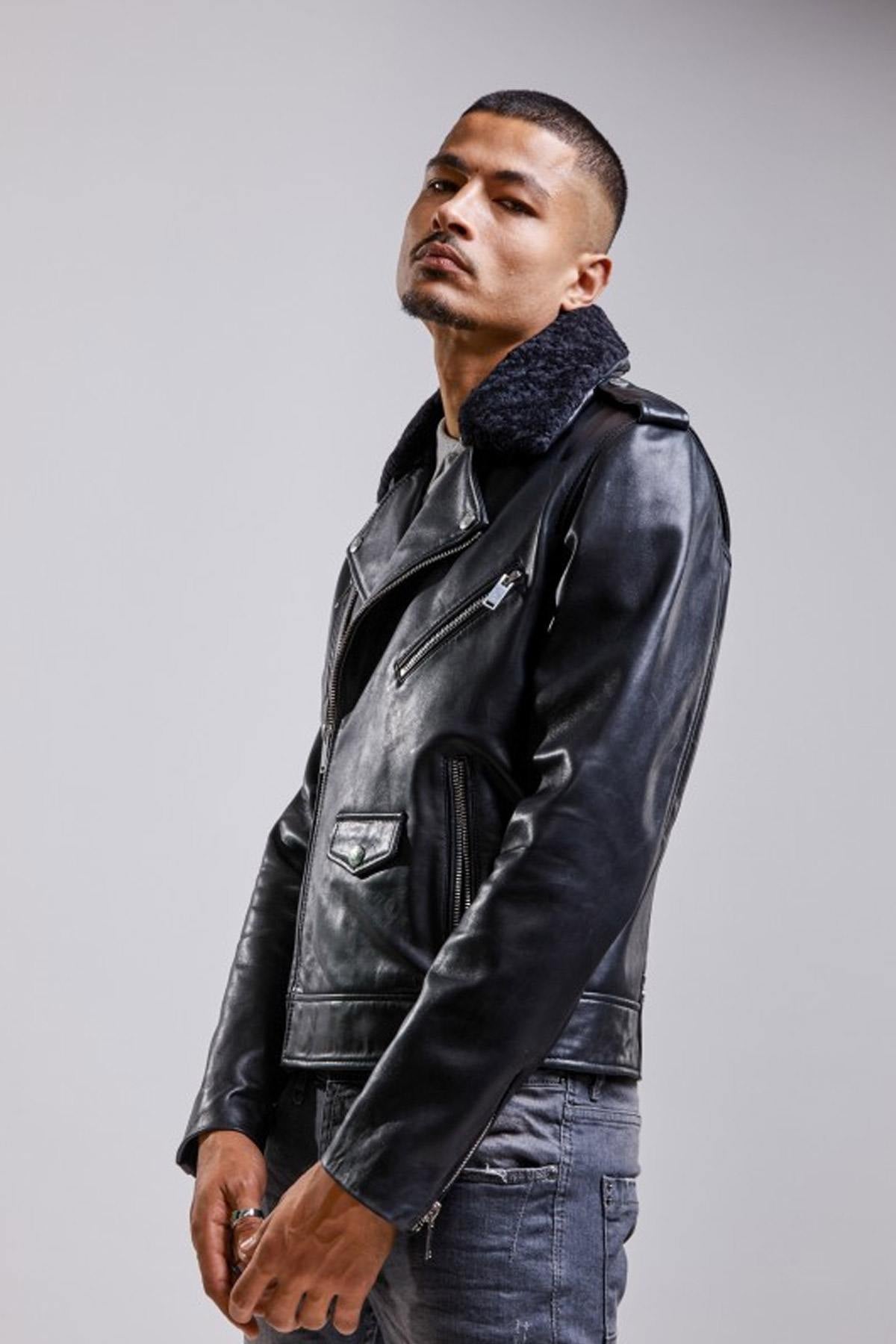 Black Biker Jacket with fur collar - Image n°5