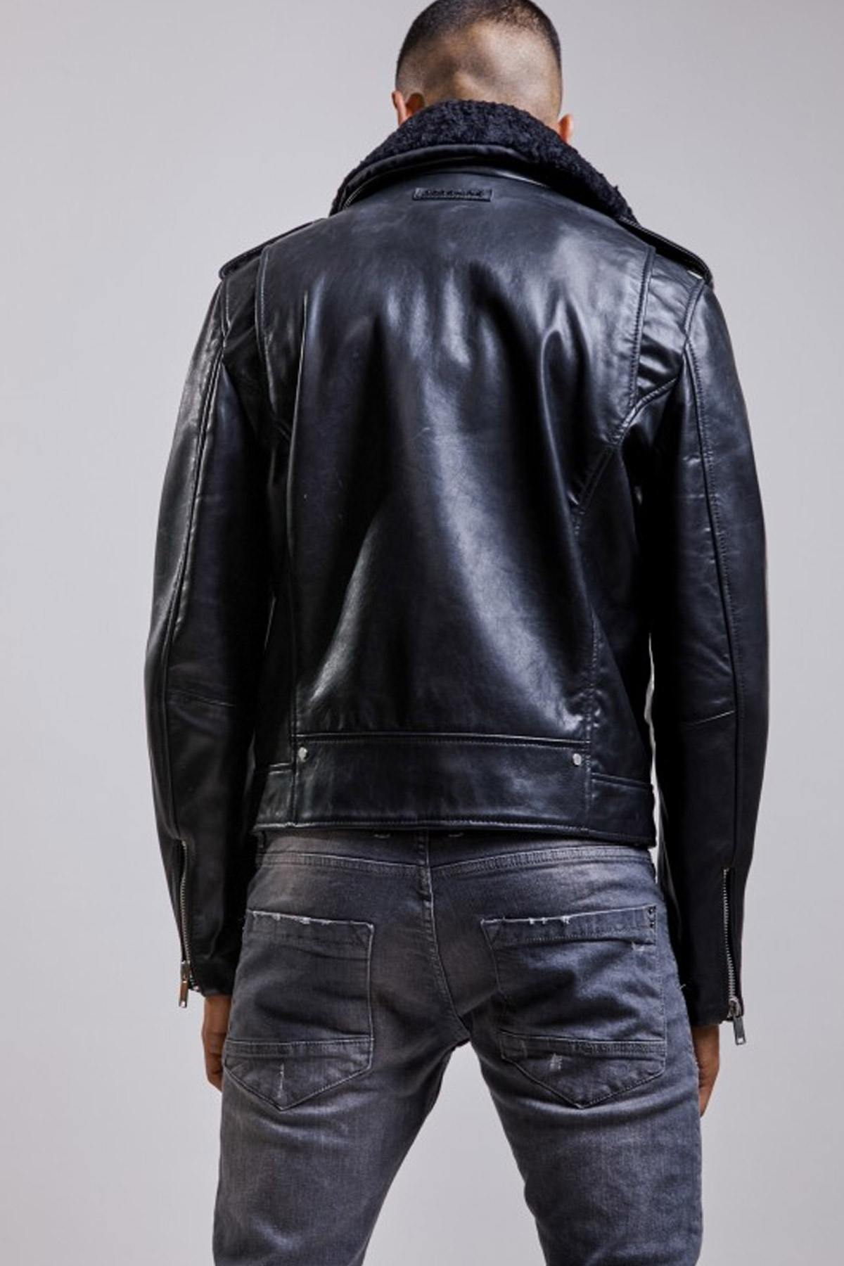 Black Biker Jacket with fur collar - Image n°3