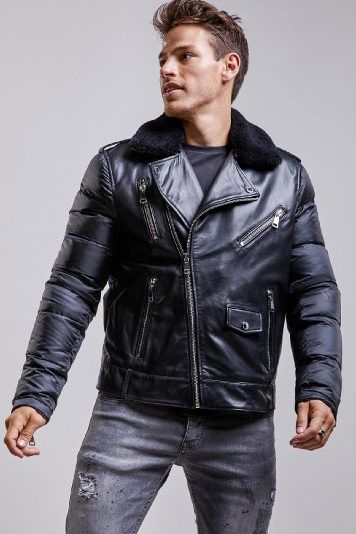 Bi-material Biker Jacket and removable fur collar - Image n°2