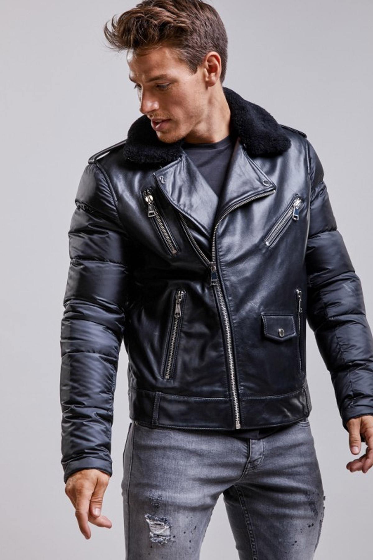 Bi-material Biker Jacket and removable fur collar - Image n°3