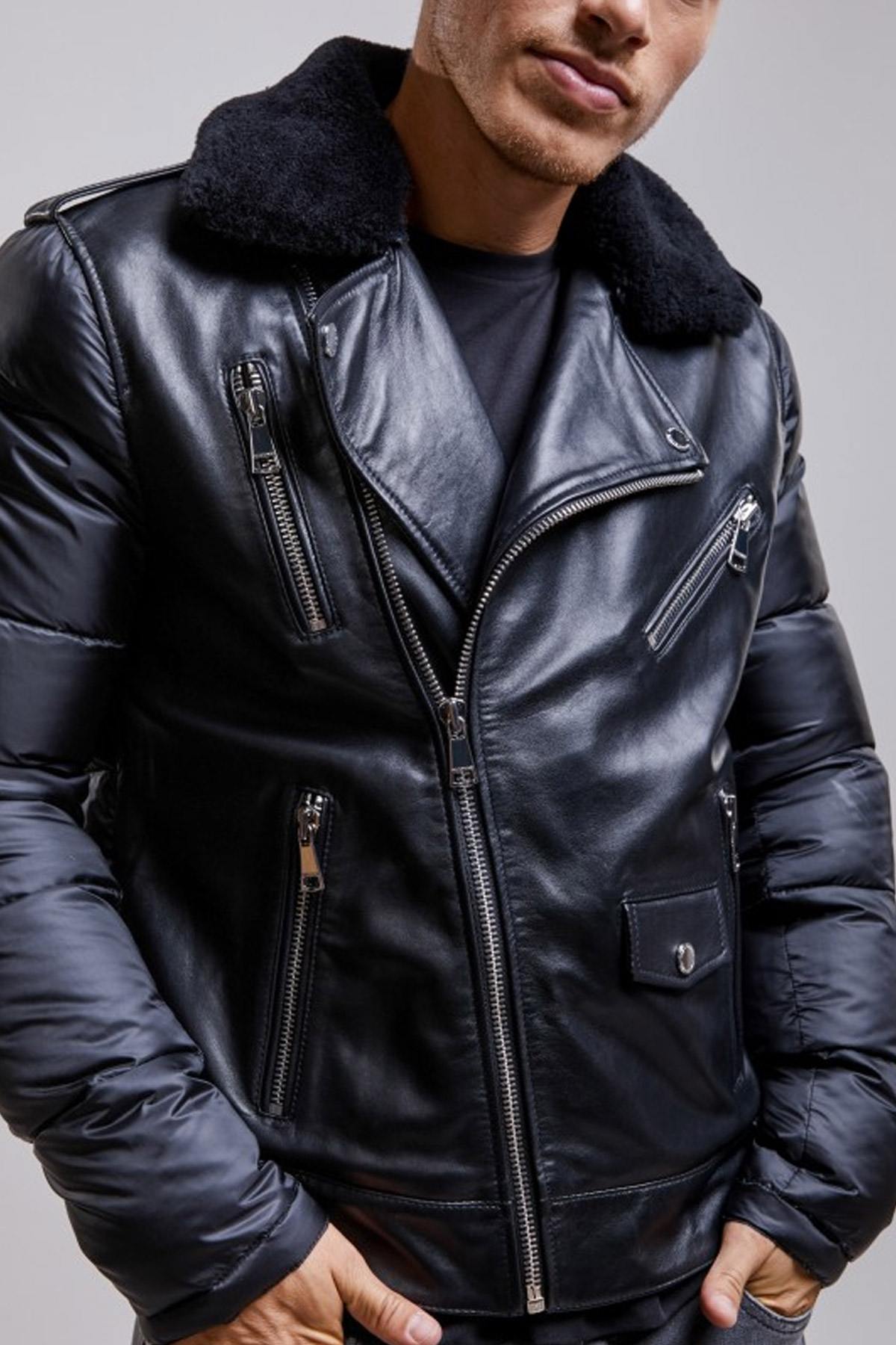 Bi-material Biker Jacket and removable fur collar - Image n°1