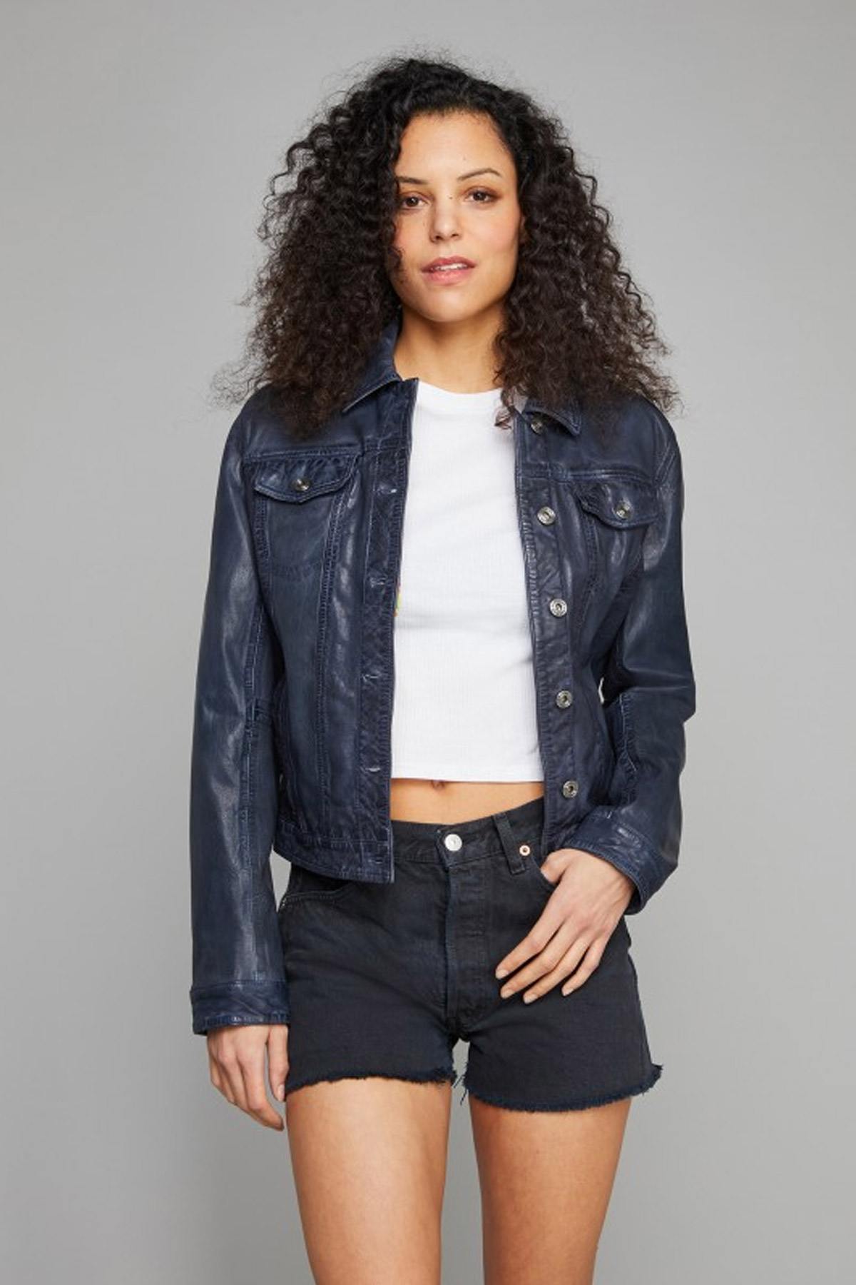 Retro blue sheepskin leather jacket - Image n°1