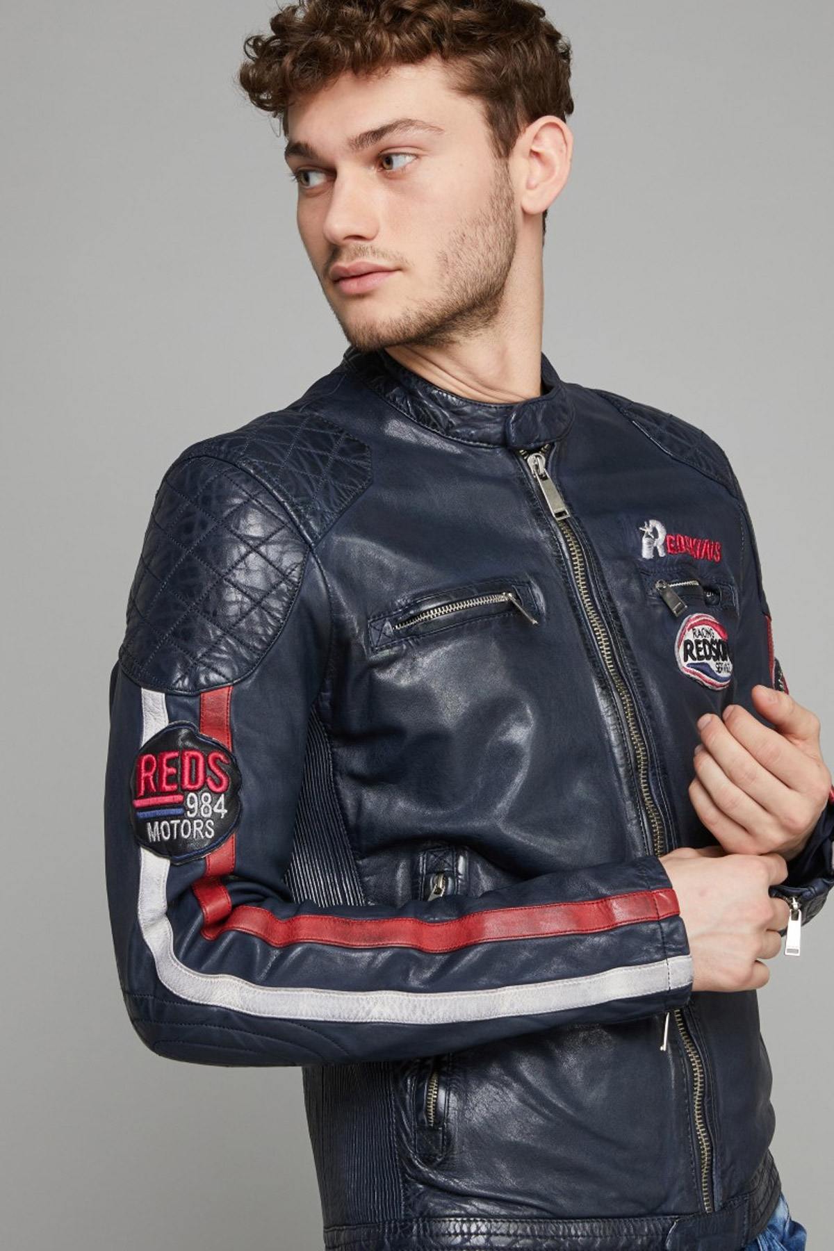 Navy blue racing leather jacket - Image n°1