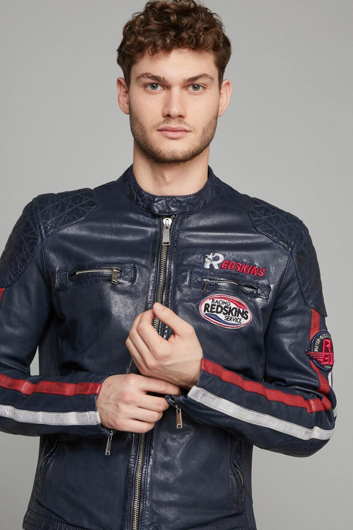 Navy blue racing leather jacket - Image n°5