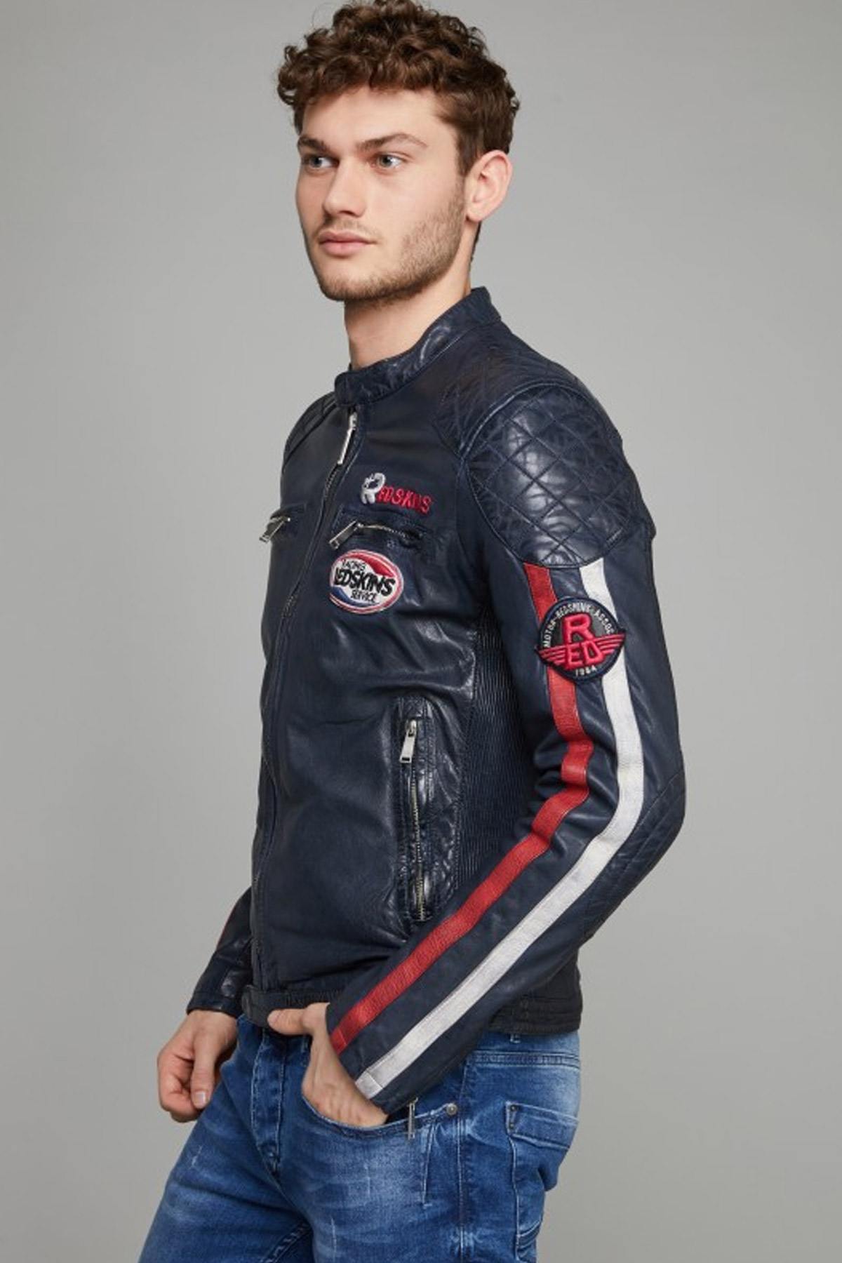 Navy blue racing leather jacket - Image n°2