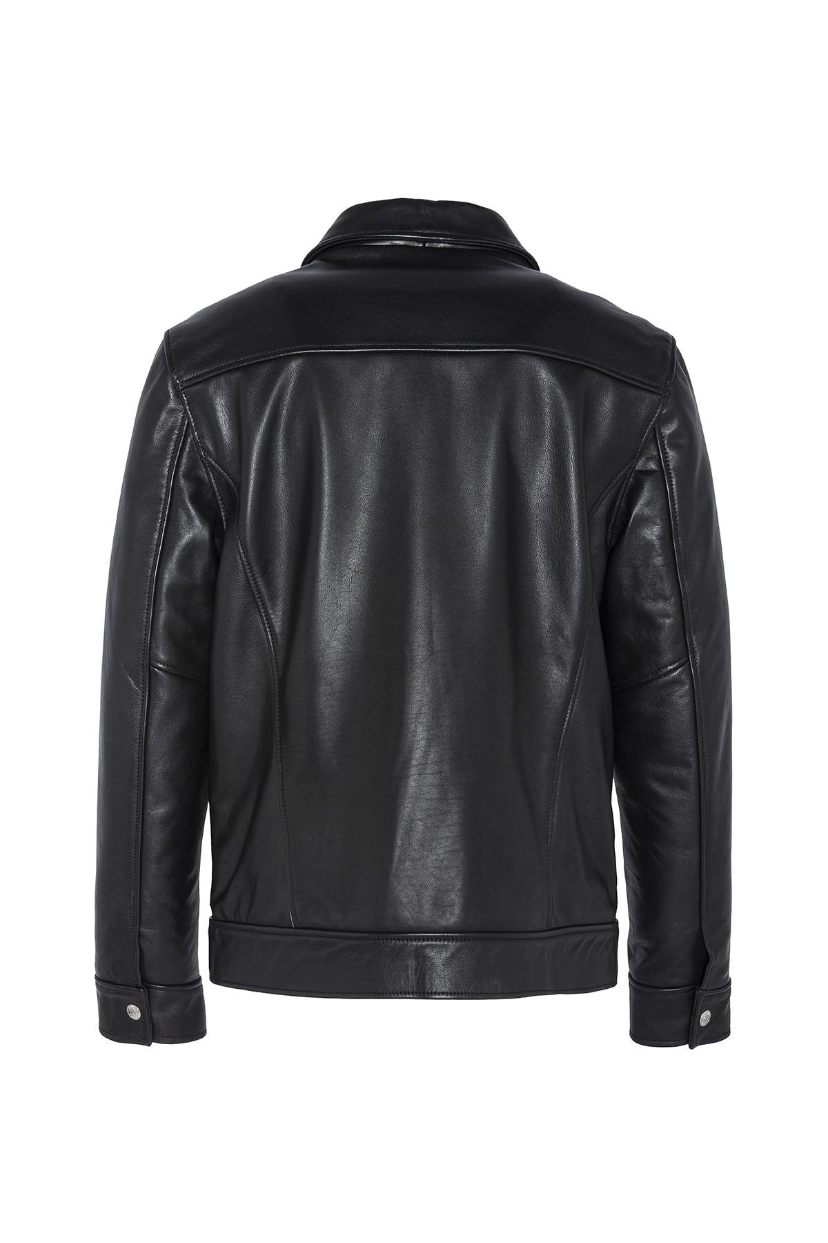 Black leather shirt collar jacket - Image n°7