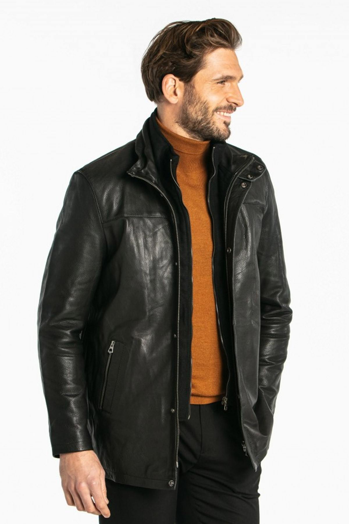 Men's black leather jacket - Image n°1