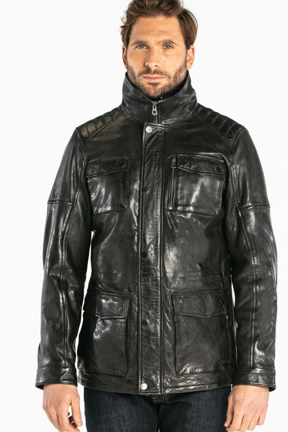 Men's black lambskin leather jacket - Image n°3