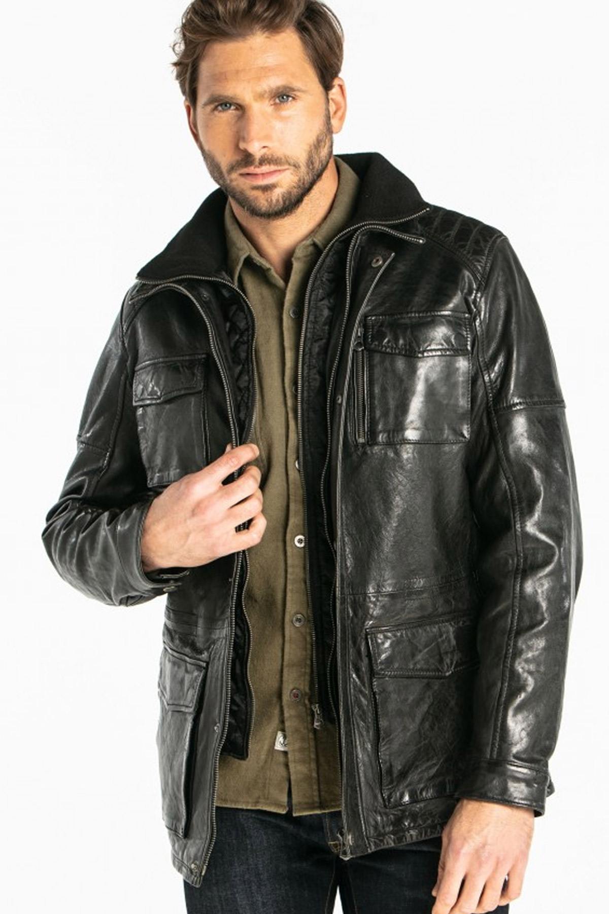 Men's black lambskin leather jacket - Image n°1