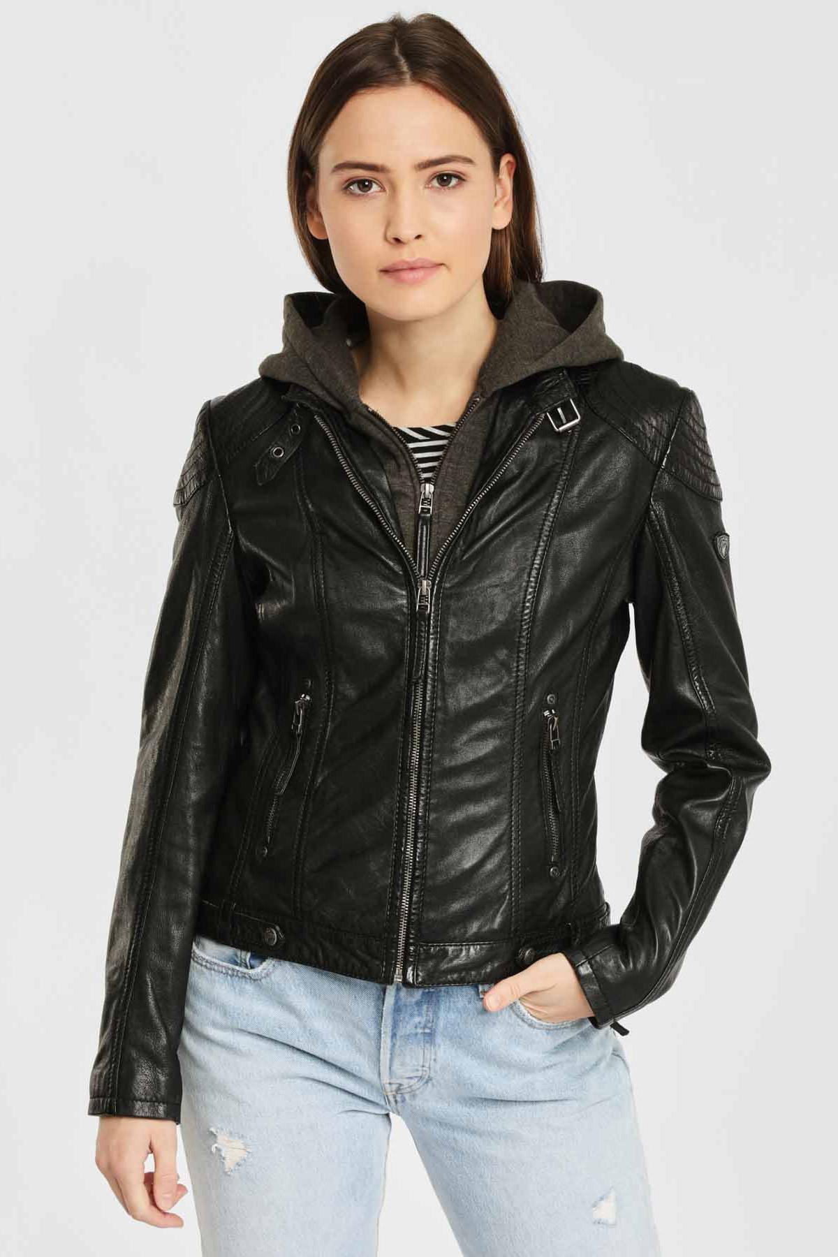 Biker collar jacket with removable hood - Image n°1