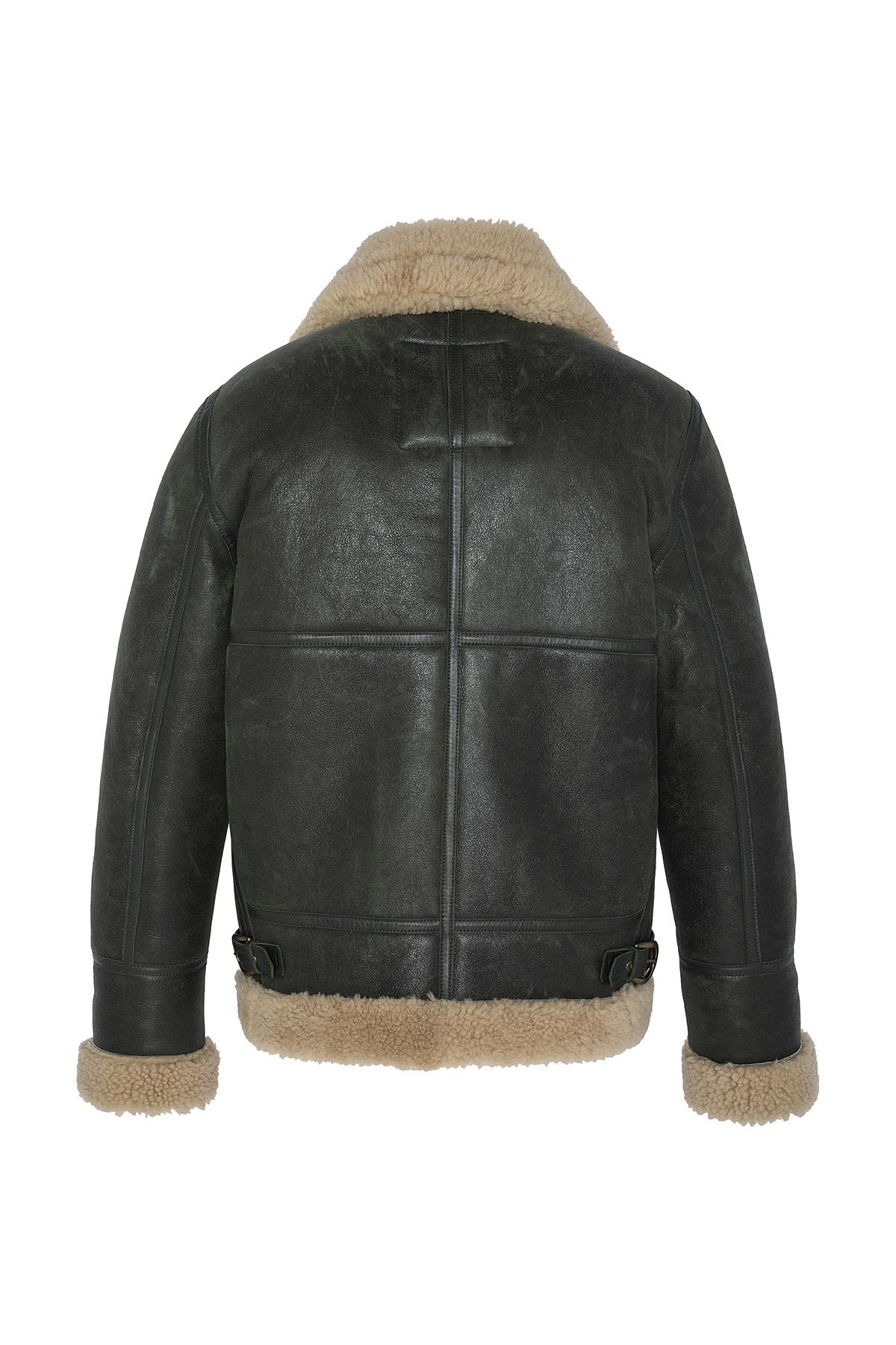 Khaki and beige shearling bomber jacket - Image n°10