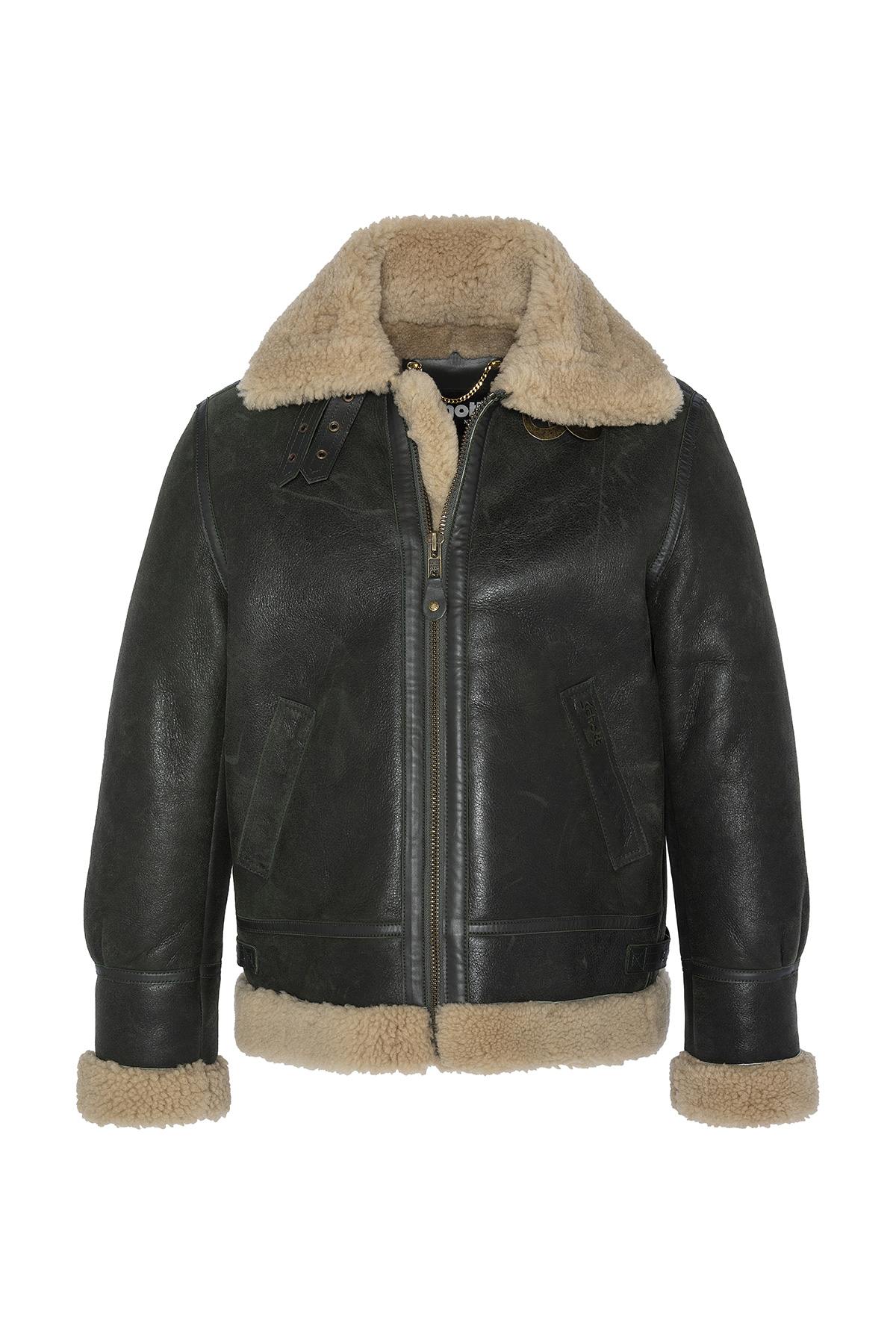 Khaki and beige shearling bomber jacket - Image n°9