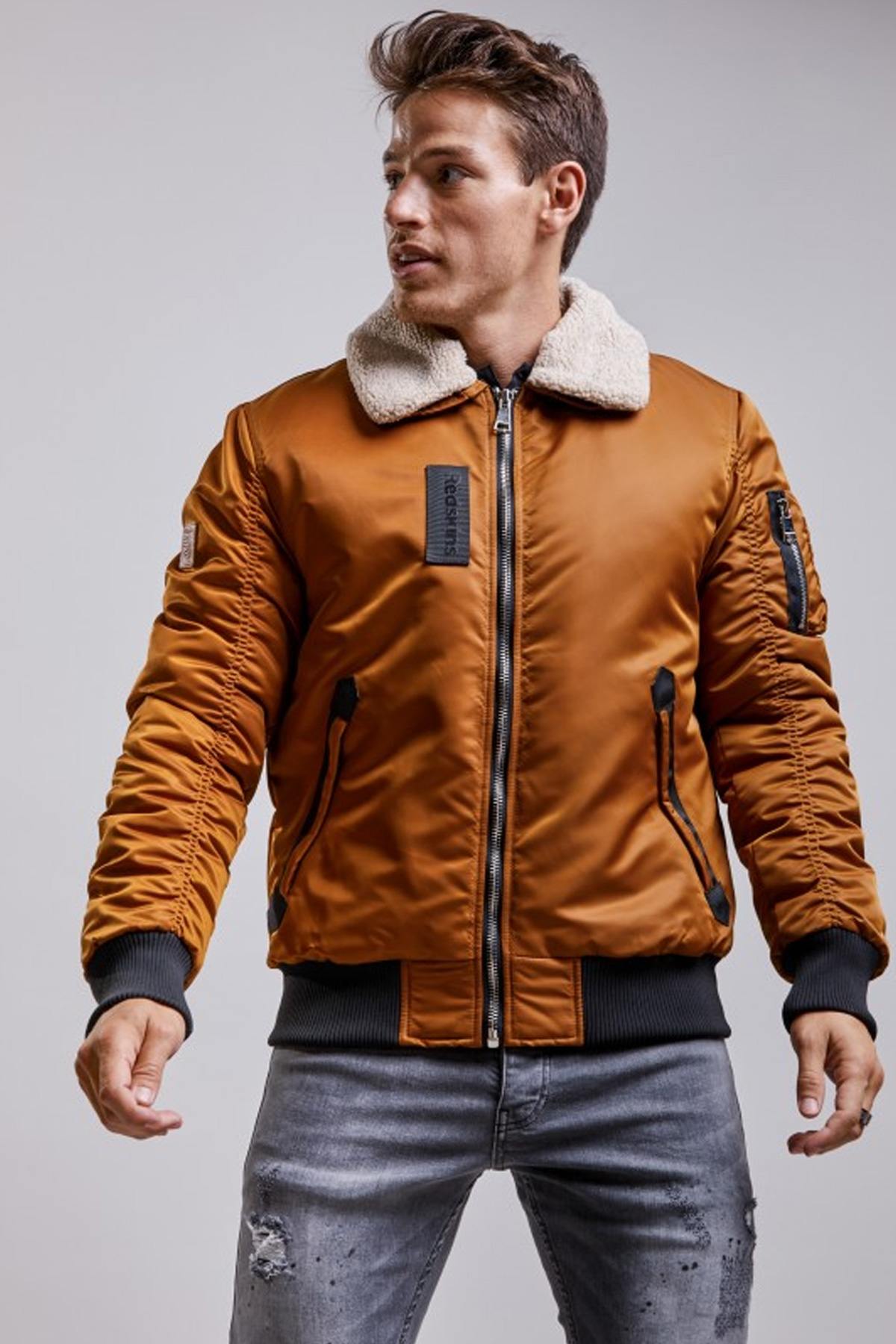 Cognac nylon bomber jacket with fur collar - Image n°3