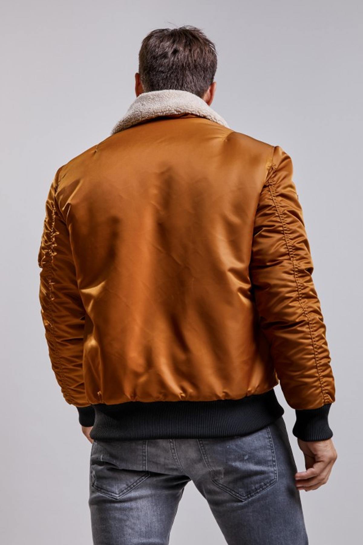 Cognac nylon bomber jacket with fur collar - Image n°4