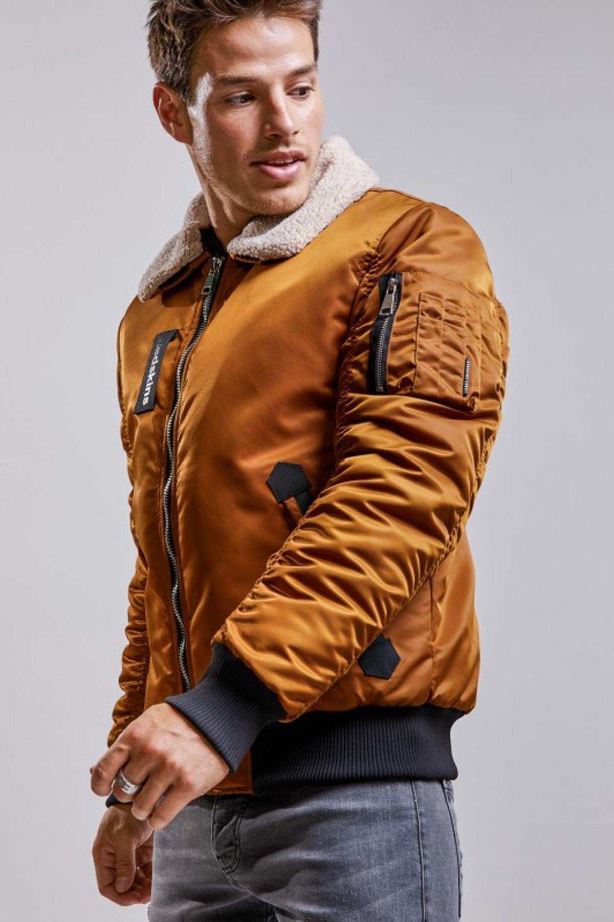 Cognac nylon bomber jacket with fur collar - Image n°1