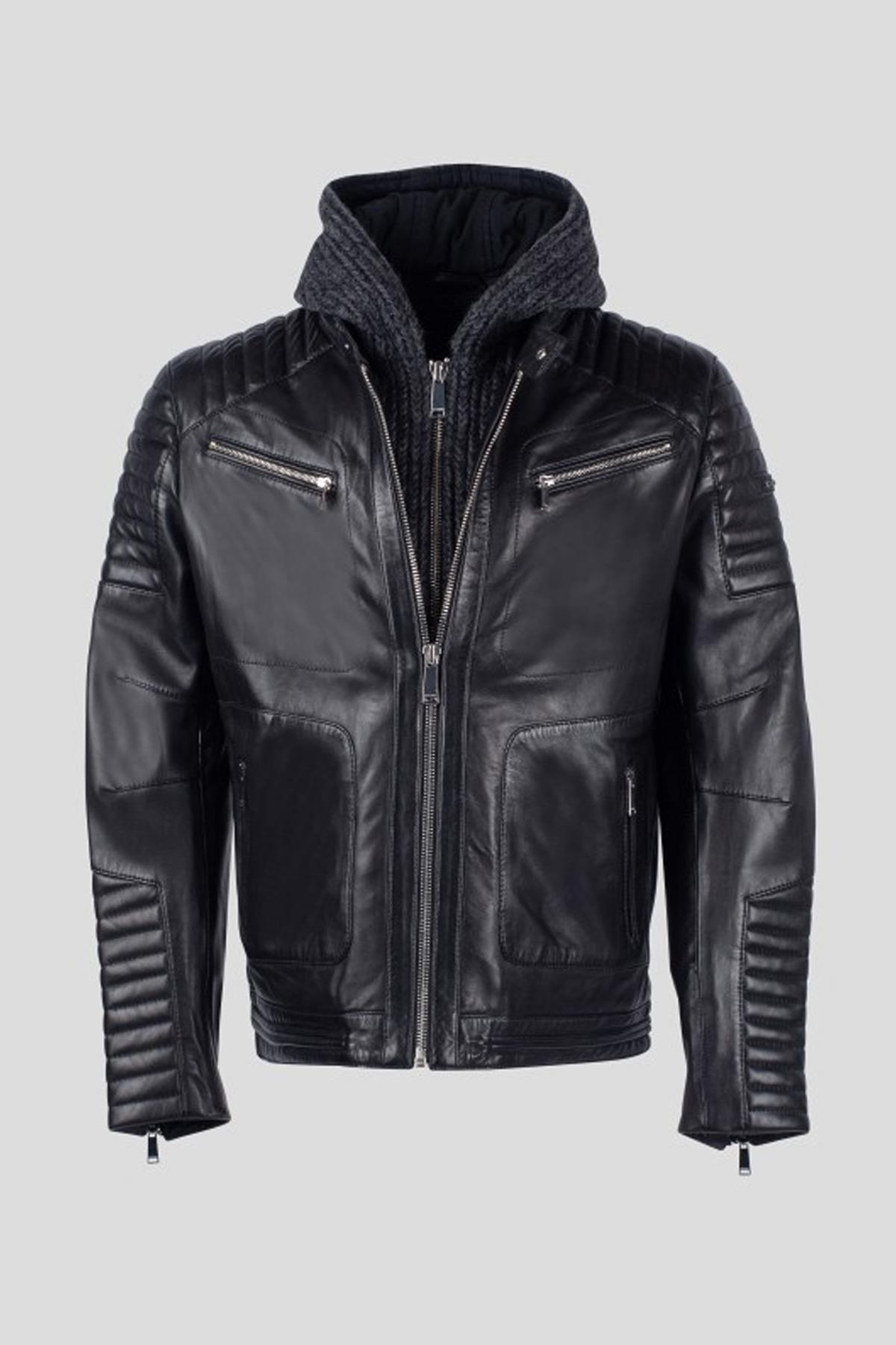 Biker-style leather jacket with wool lining - Image n°5