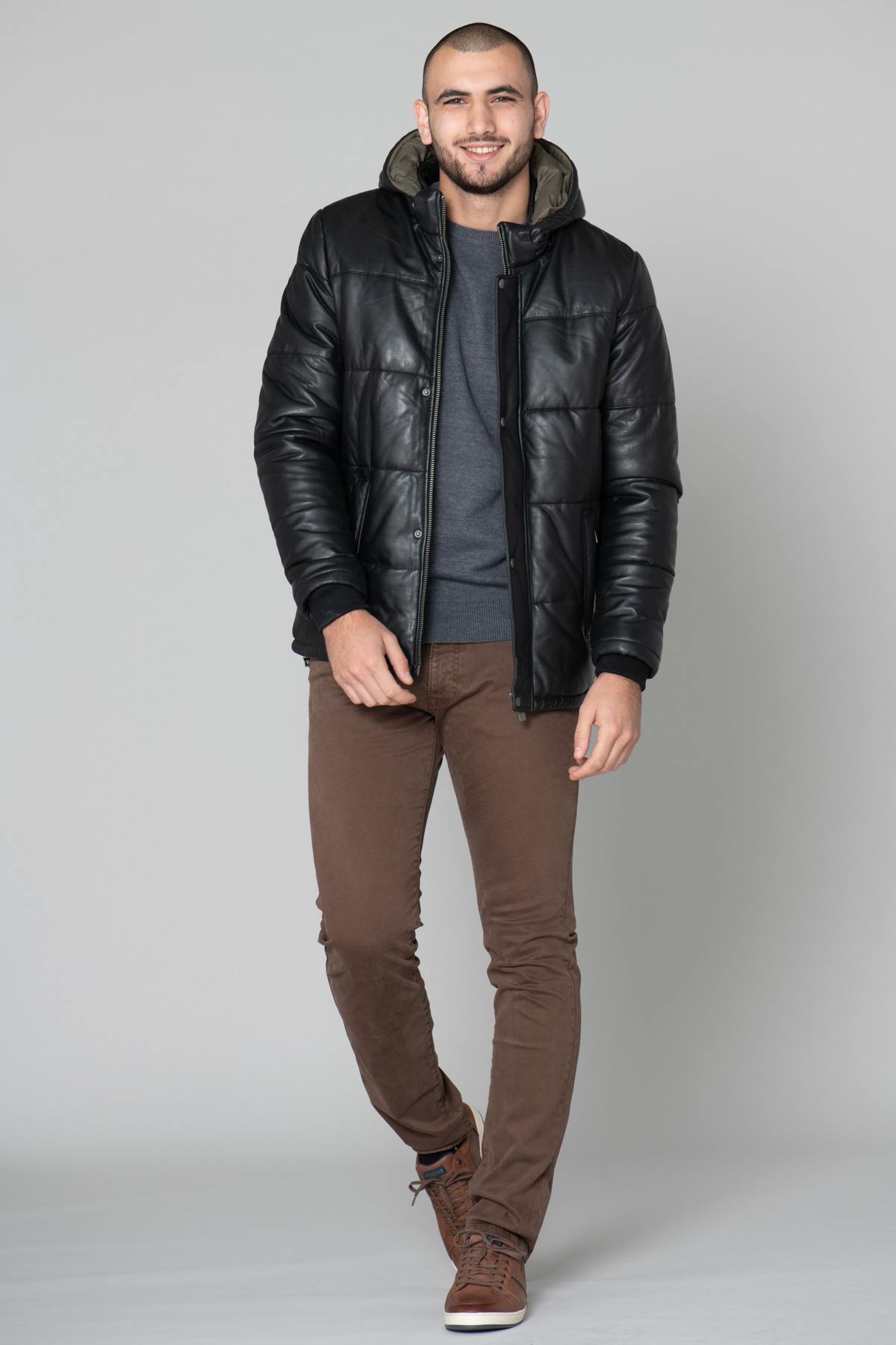 Men's black leather down jacket - Image n°4