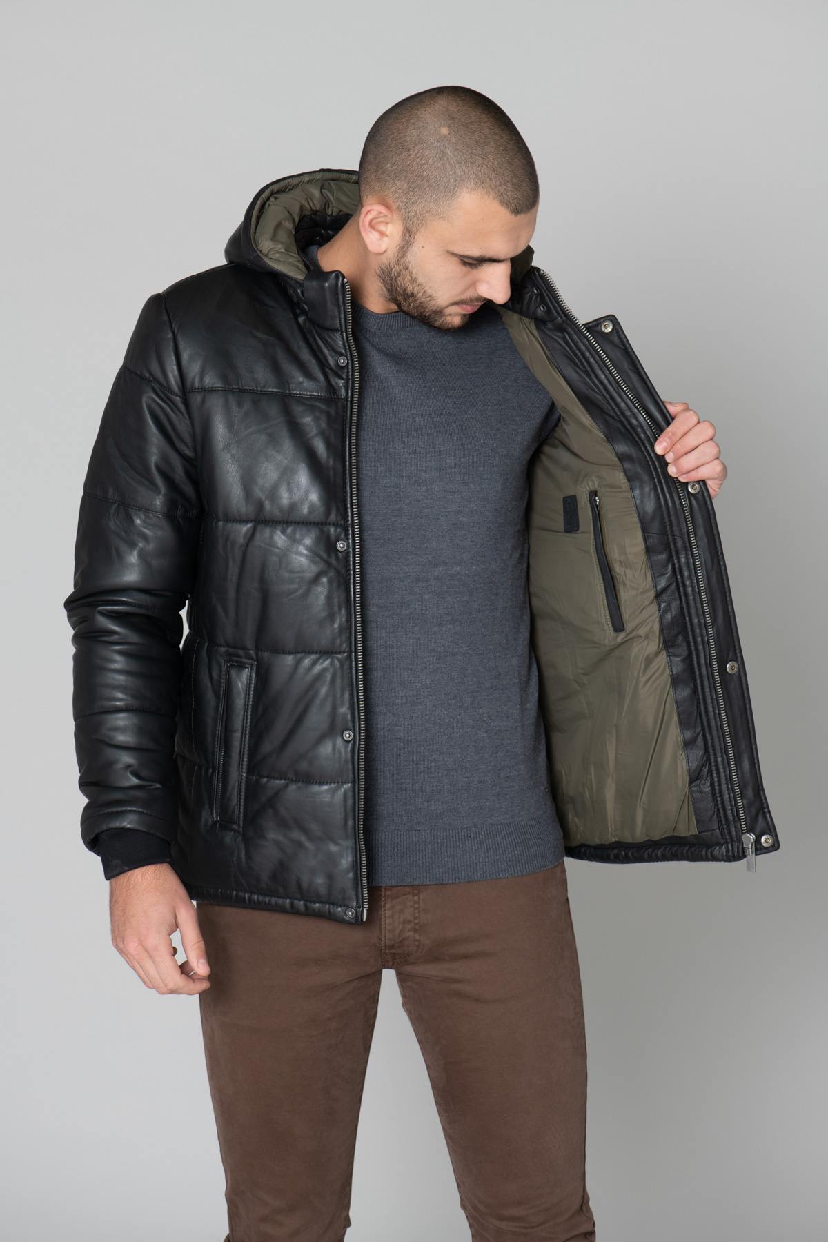 Men's black leather down jacket - Image n°5