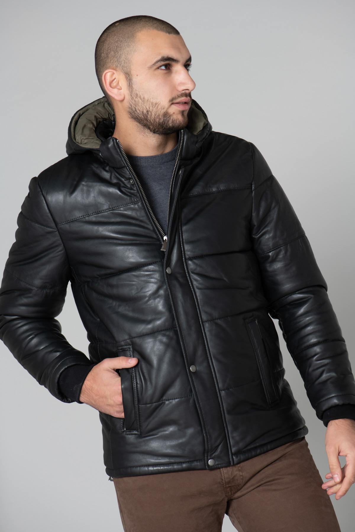 Men's black leather down jacket - Image n°3