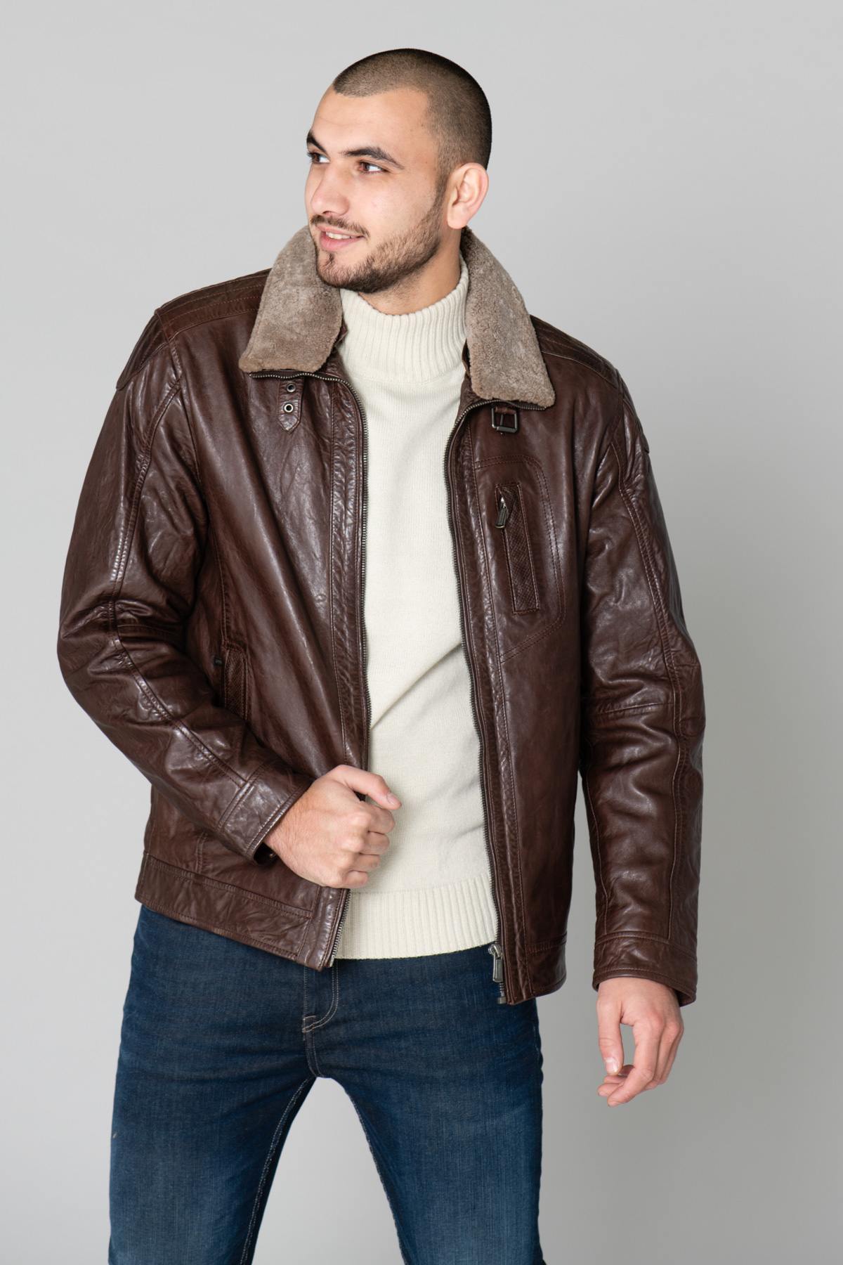 Brown leather jacket with fur collar - Image n°1