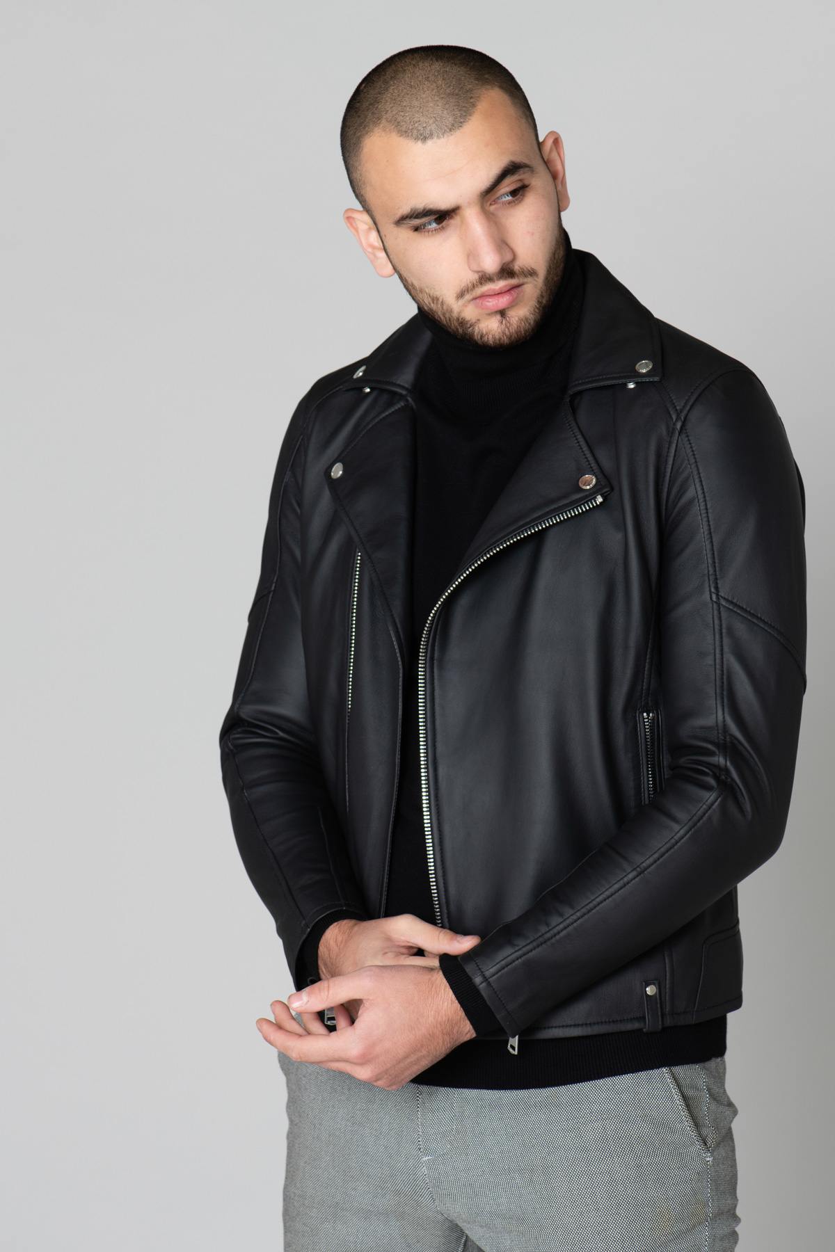 Matte black men's Biker Jacket - Image n°1