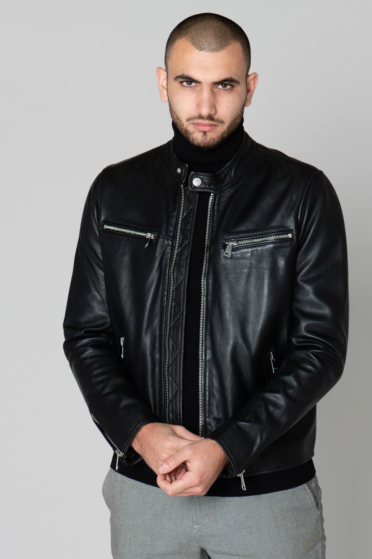 Black leather biker-style jacket - Image n°8